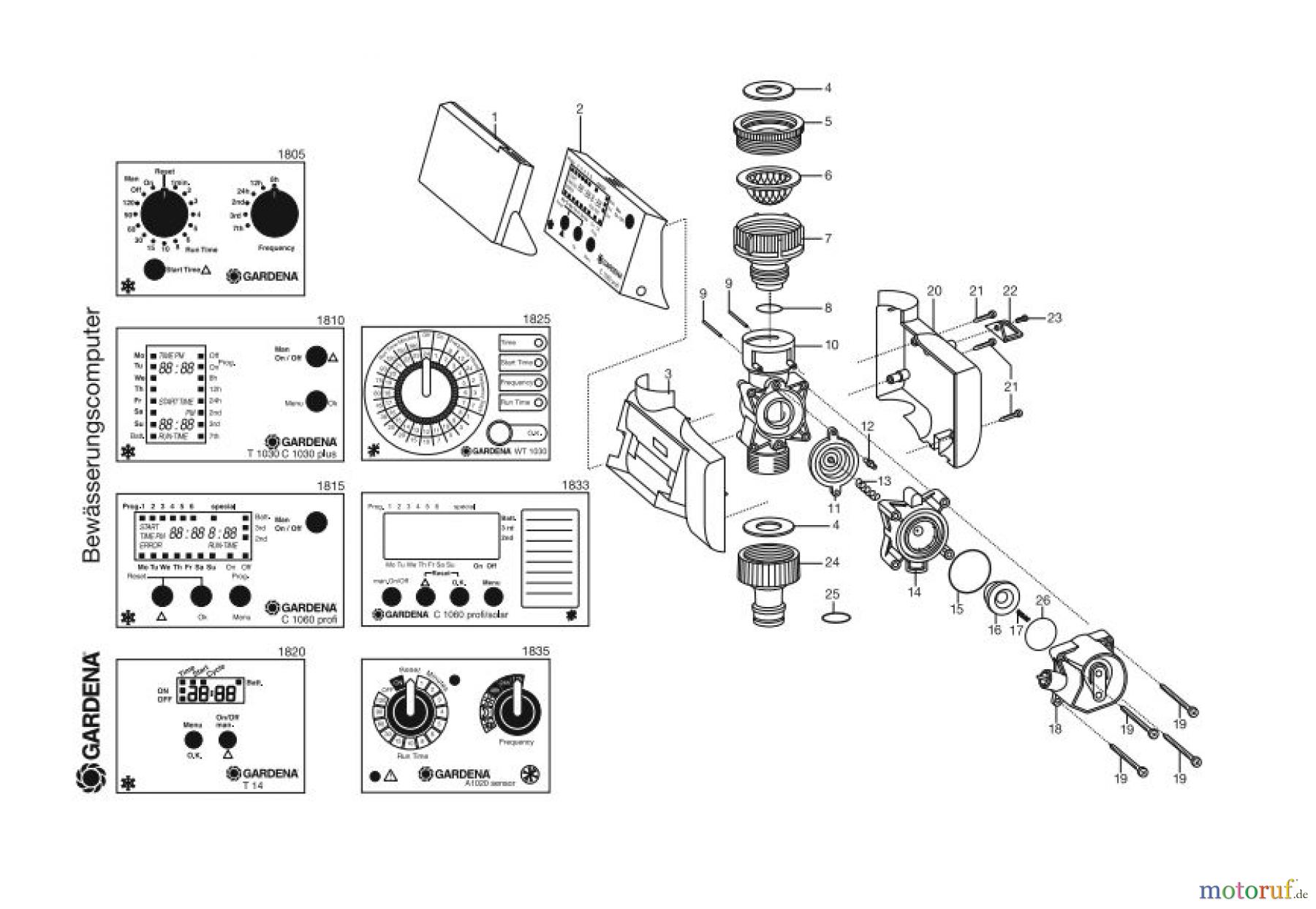  Gardena Wassertechnik Regner Bewässerungsuhr electronic T14e,  WT 1030, A 1020