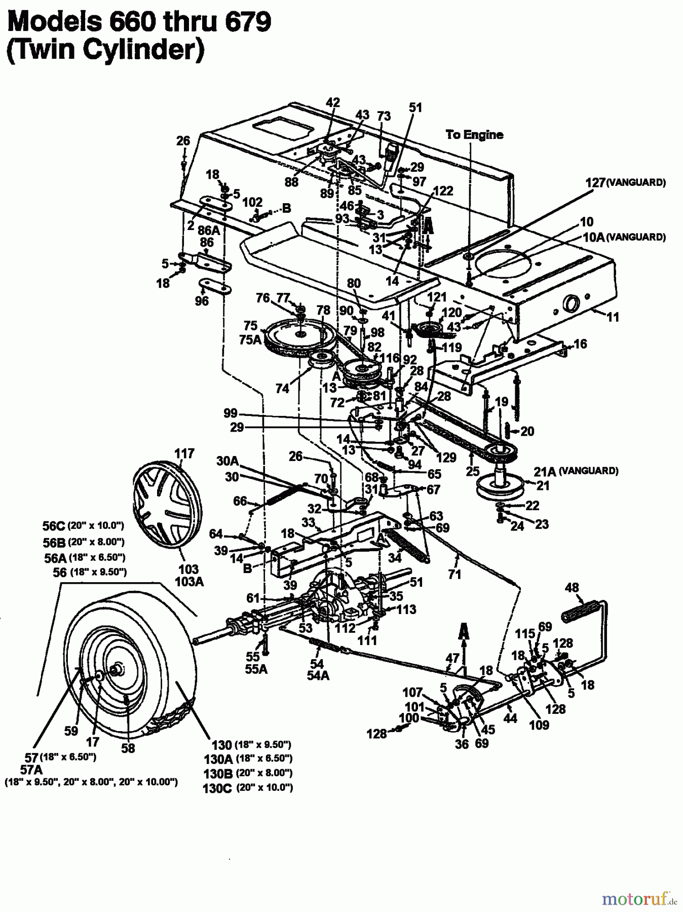  Columbia Rasentraktoren 112/960 N 133K670F626  (1993) Fahrantrieb, Motorkeilriemenscheibe, Pedal, Räder hinten