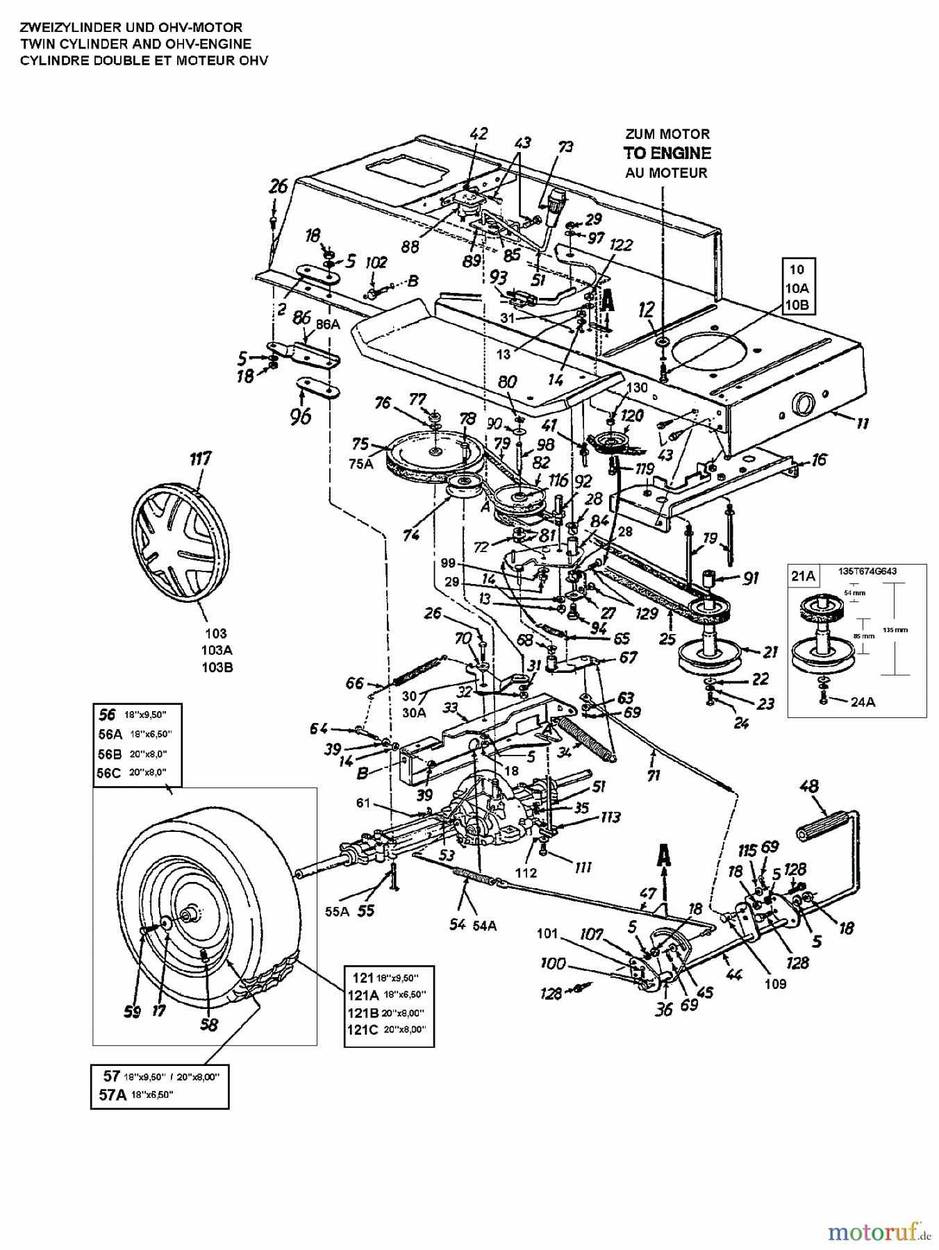  Raiffeisen Rasentraktoren RMS 13-96 135N674F628  (1995) Fahrantrieb, Motorkeilriemenscheibe, Pedal, Räder hinten