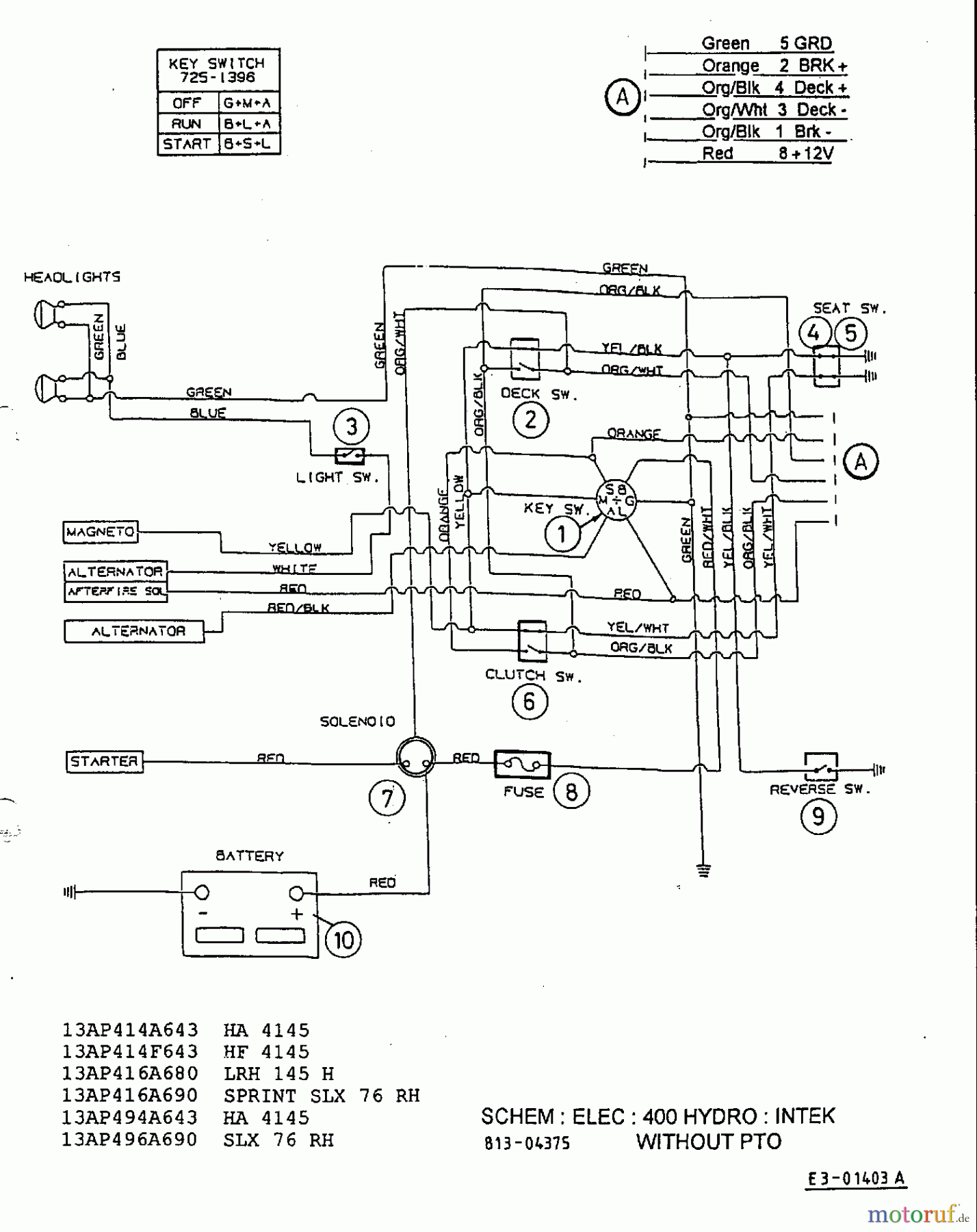  MTD ältere Modelle Rasentraktoren H 150 B 13BP418F678  (2003) Schaltplan Intek ohne Elektromagnetkupplung