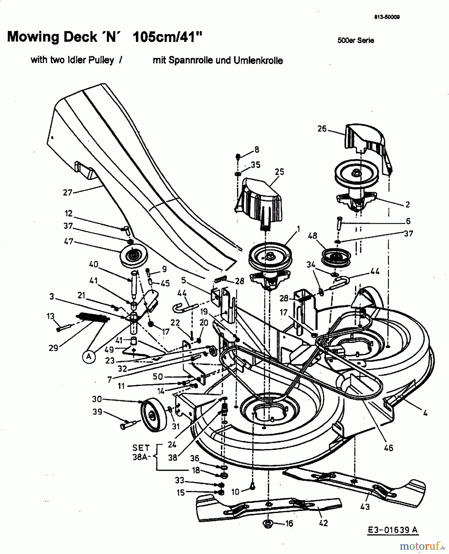  MTD ältere Modelle Rasentraktoren SN 135 A 13AA508N678  (2002) Mähwerk N, 2. Generation mit Spannrolle und Umlenkrolle (bis 2002)