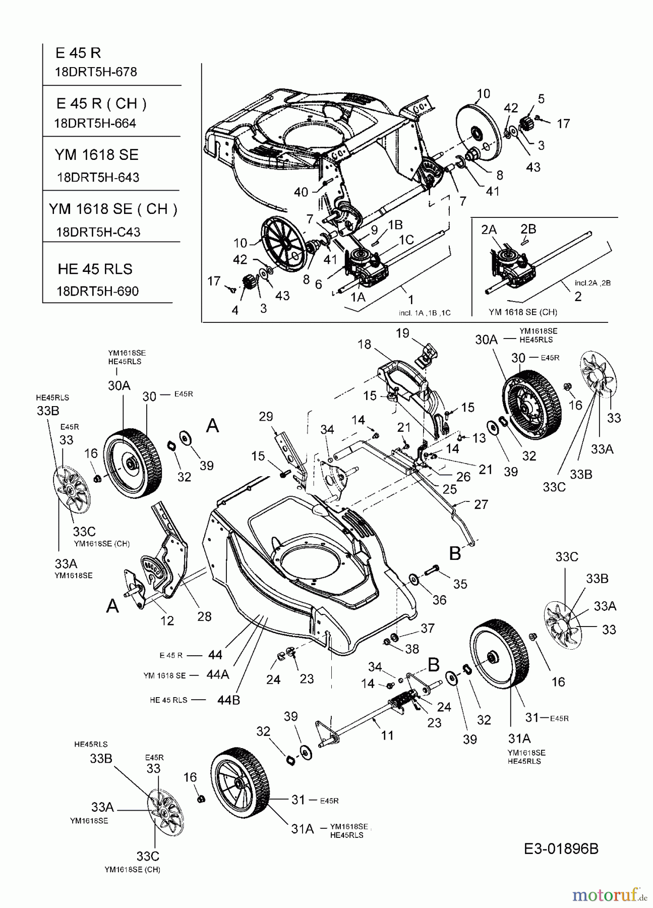  MTD Elektromäher mit Antrieb E 45 R 18DRT5H-678  (2005) Getriebe, Räder, Schnitthöhenverstellung