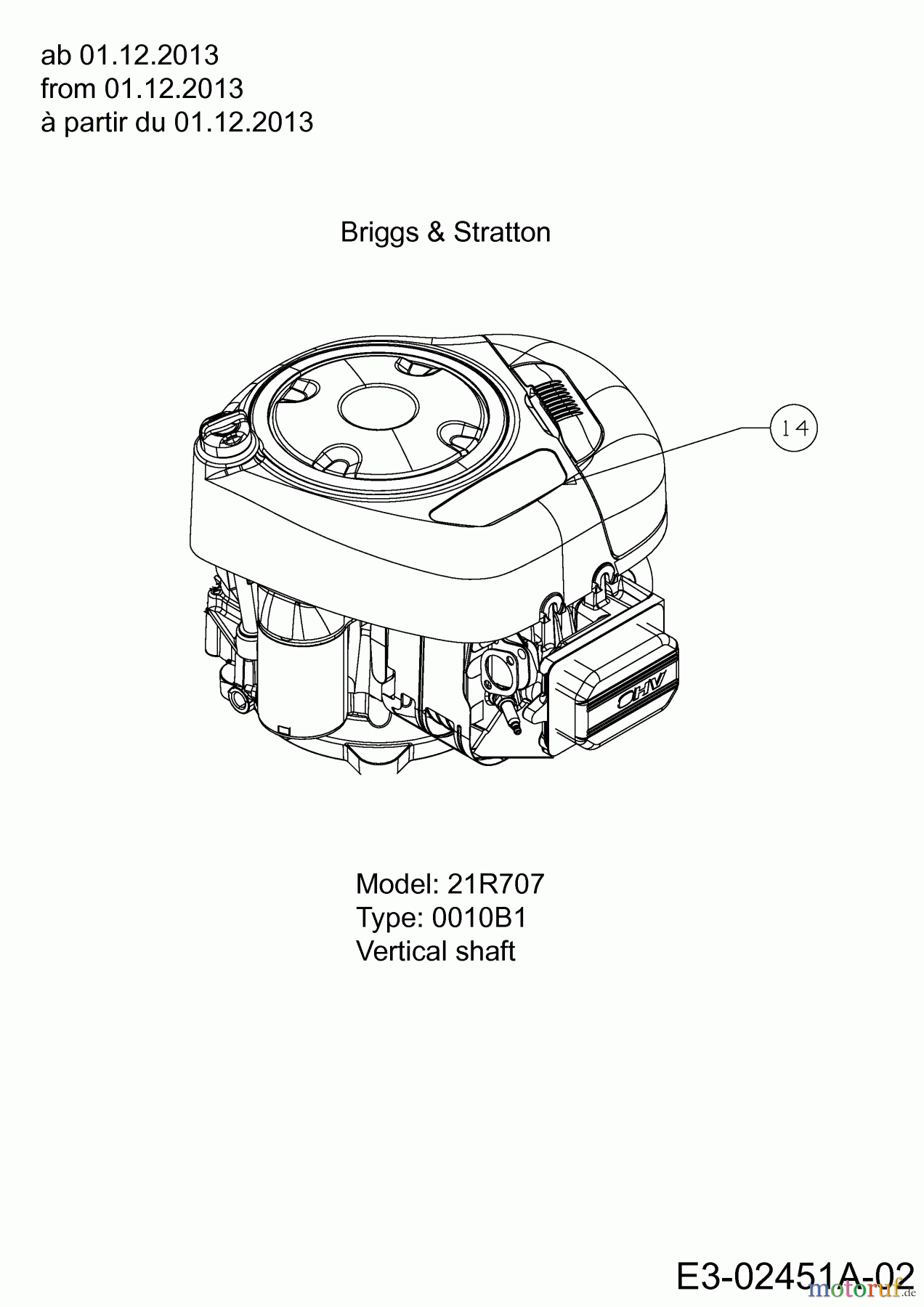  MTD Rasentraktoren Smart RF 125 H 13HH795F676  (2014) Motor Briggs & Stratton ab 01.12.2013