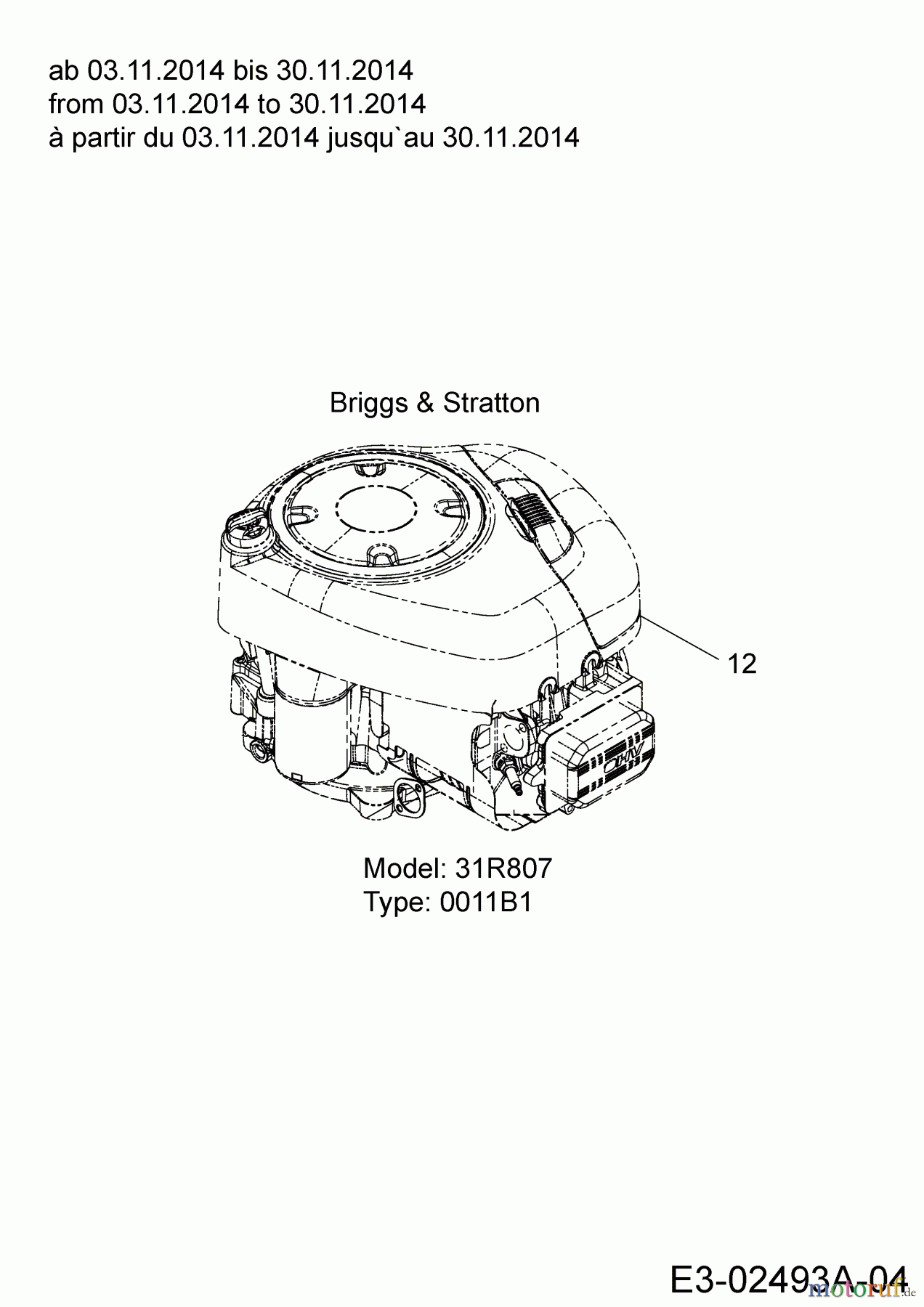 Blisar Rasentraktoren GG 175 13HN763G607  (2015) Motor Briggs & Stratton ab 03.11.2014 bis 30.11.2014