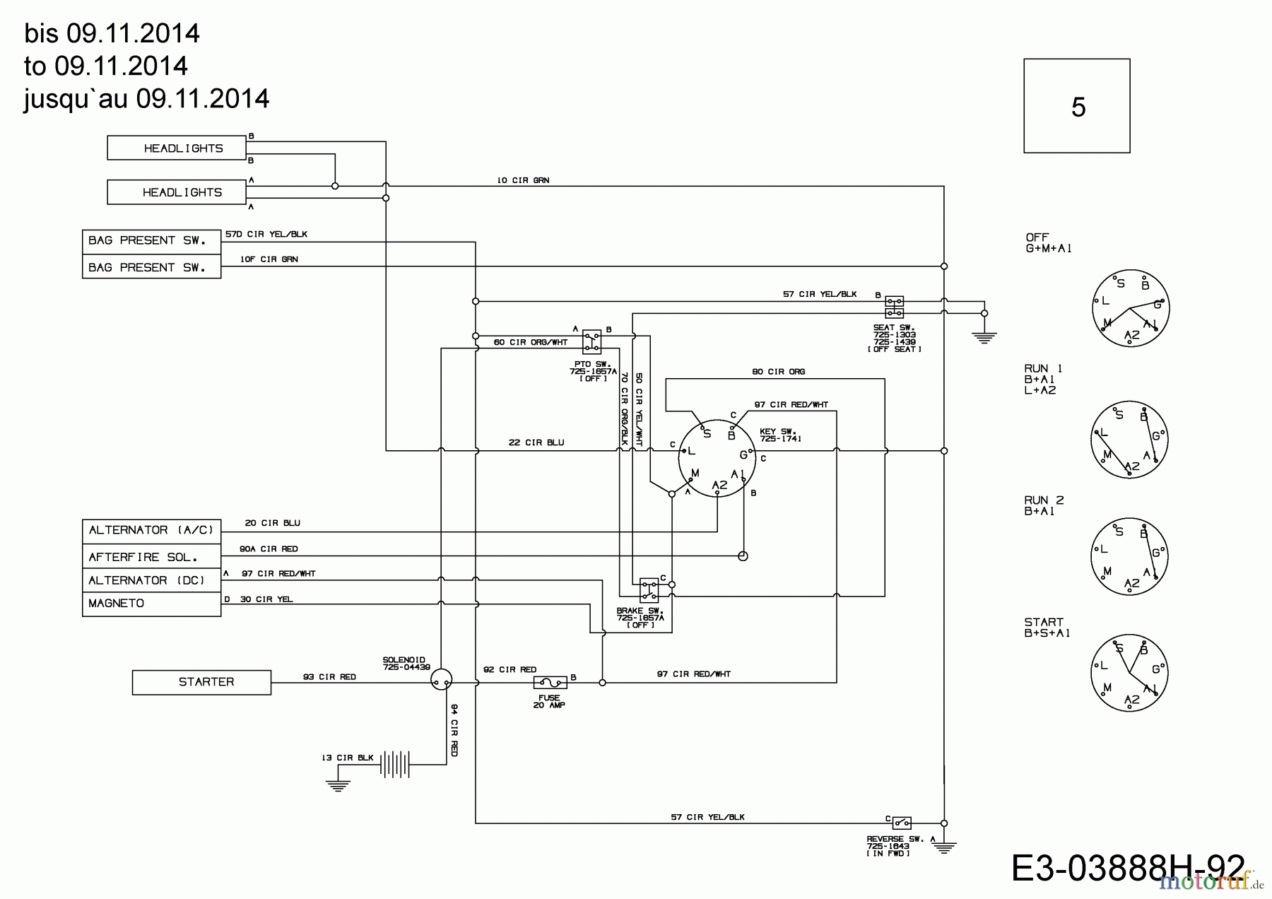 MTD Rasentraktoren Smart RE 115 13HH765E676  (2015) Schaltplan bis 09.11.2014