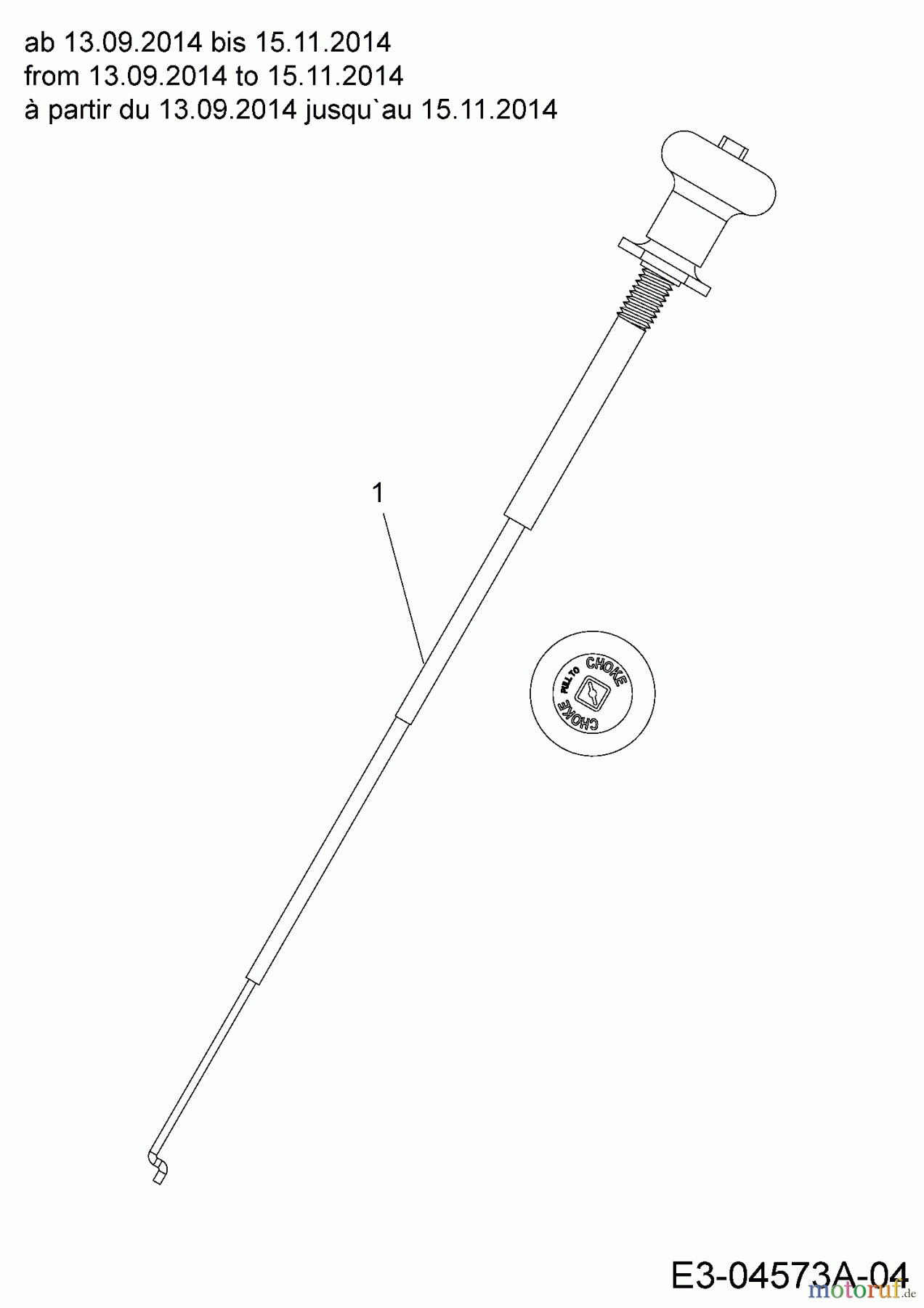 Cub Cadet Rasentraktoren CC 1022 KHT 13HF93AT603 (2014) Chokezug ab 13.09.2014 bis 15.11.2014