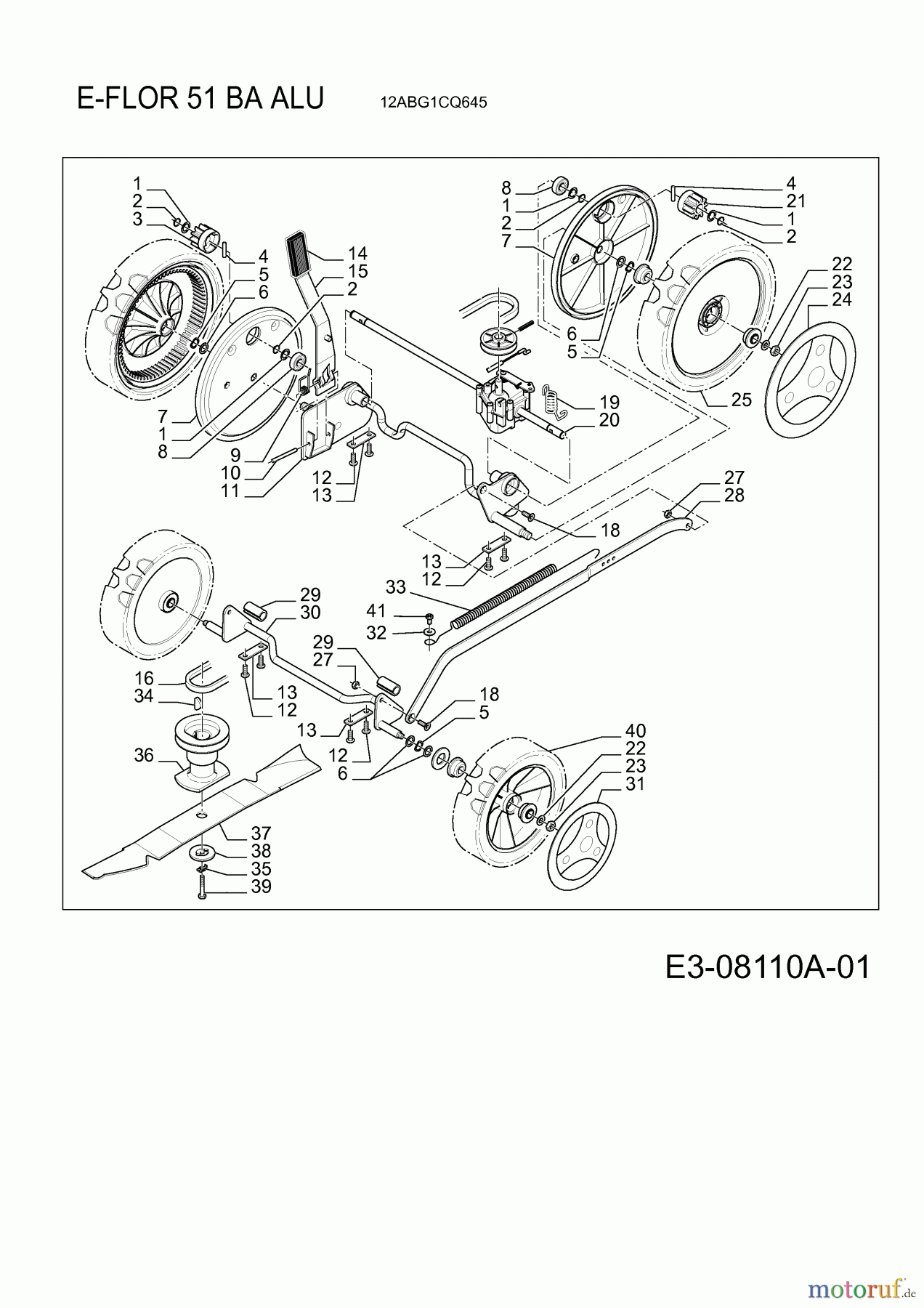  E-Flor Motormäher mit Antrieb 51 BA ALU 12ABG1CQ645  (2013) Messer, Räder, Schnitthöhenverstellung, Getriebe