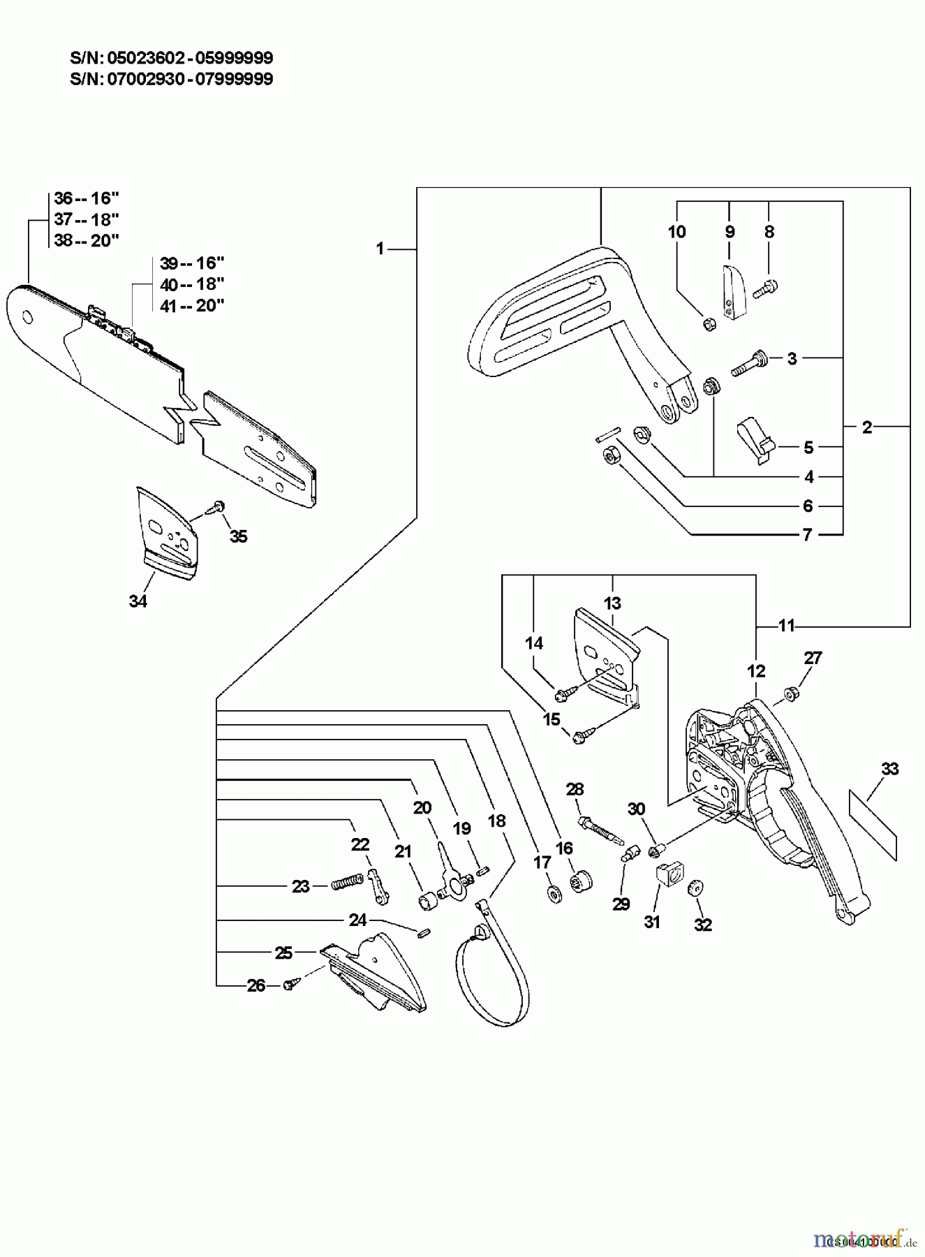  Echo Sägen, Kettensägen CS-520 - Echo Chainsaw, S/N: 07001001 - 07999999 Chain Brake, Cutting Attachment  S/N: 07002930 - 07999999