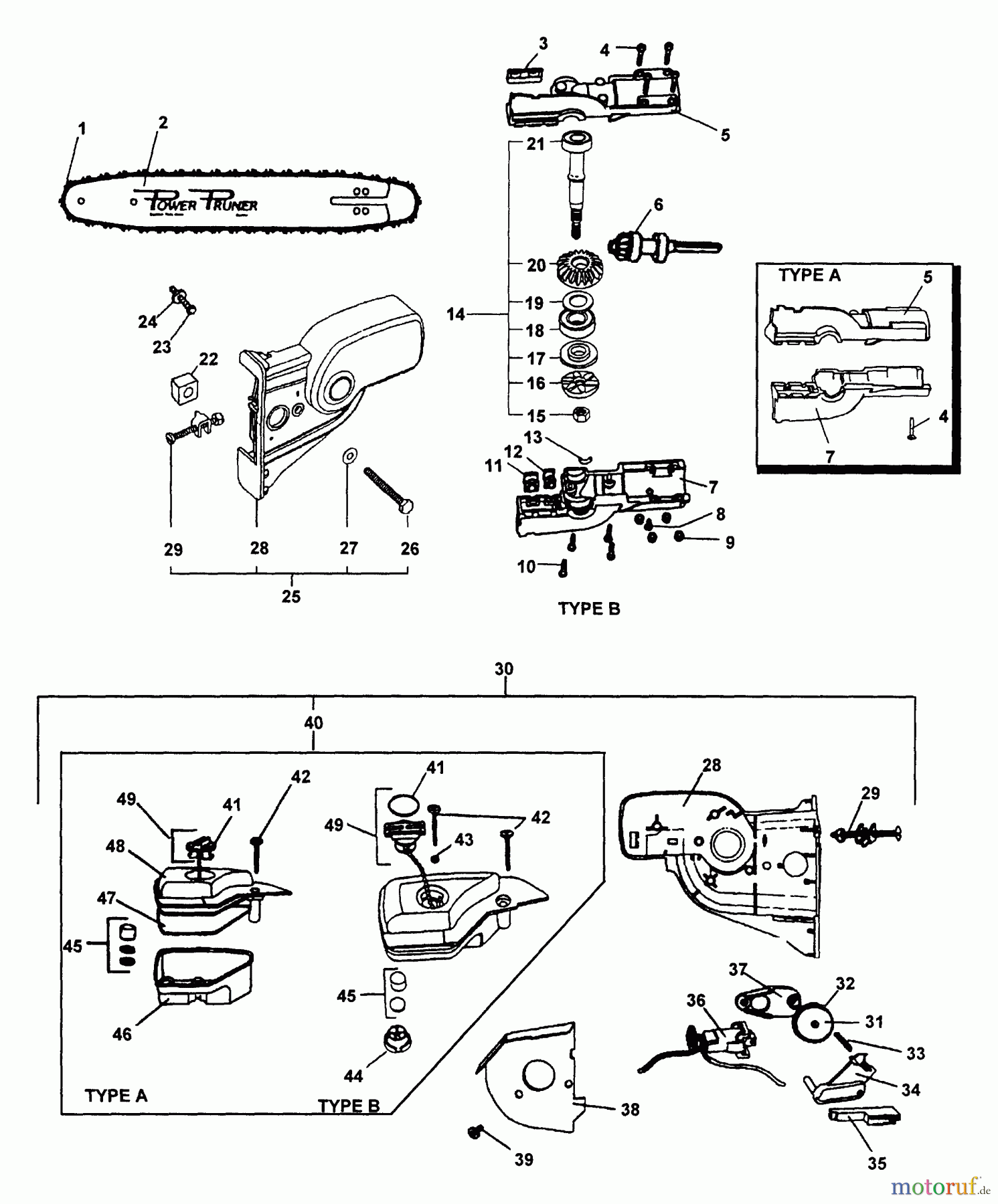  Echo Hochentaster PP-1250 - Echo Pole Saw / Pruner (Type 1) Gearcase, Oiler Asy, Guide Bar, Chain