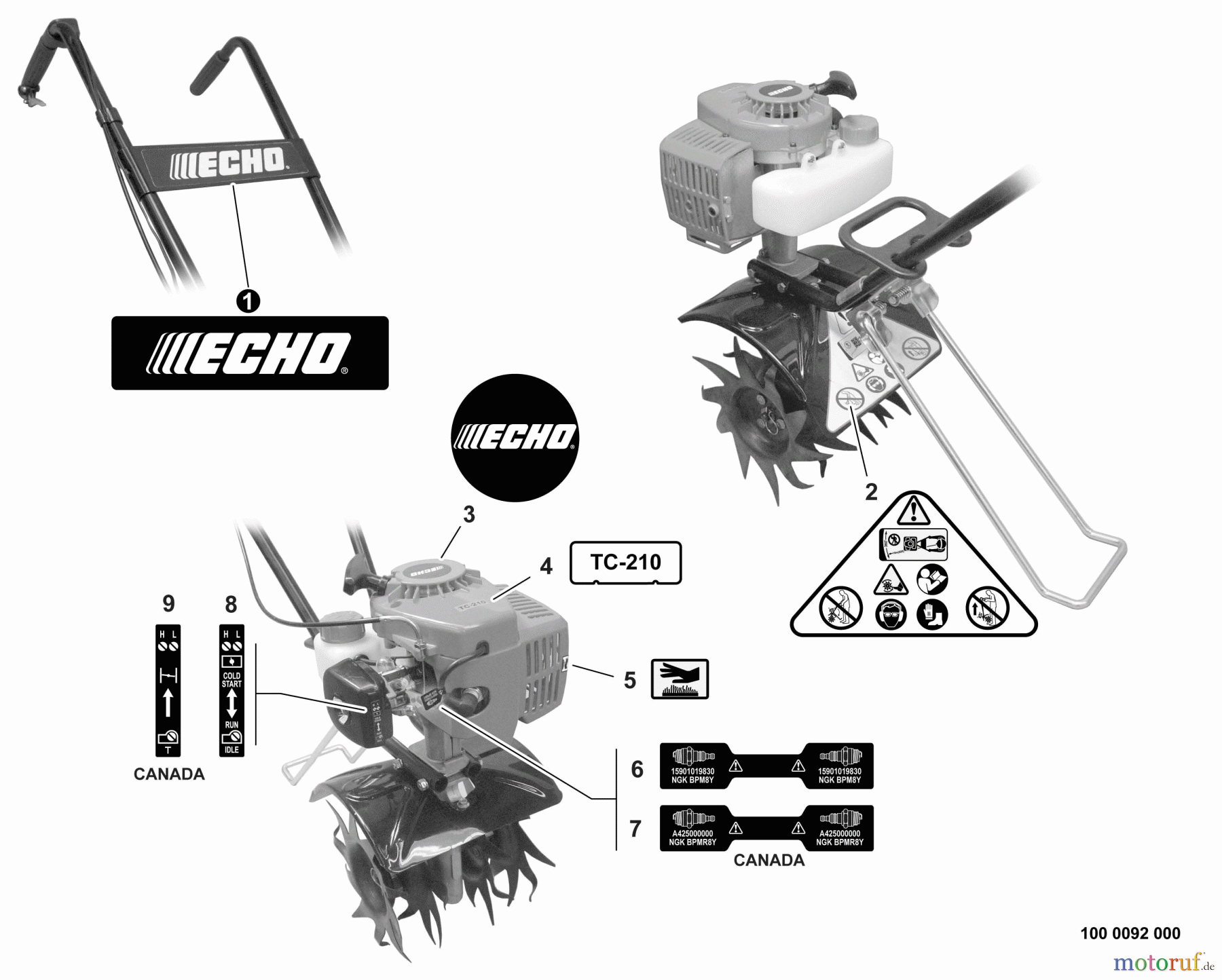  Echo Motorhacken / Kultivierer TC-210 - Echo Tiller/Cultivator, S/N: E14013001001 - E14013999999 Labels