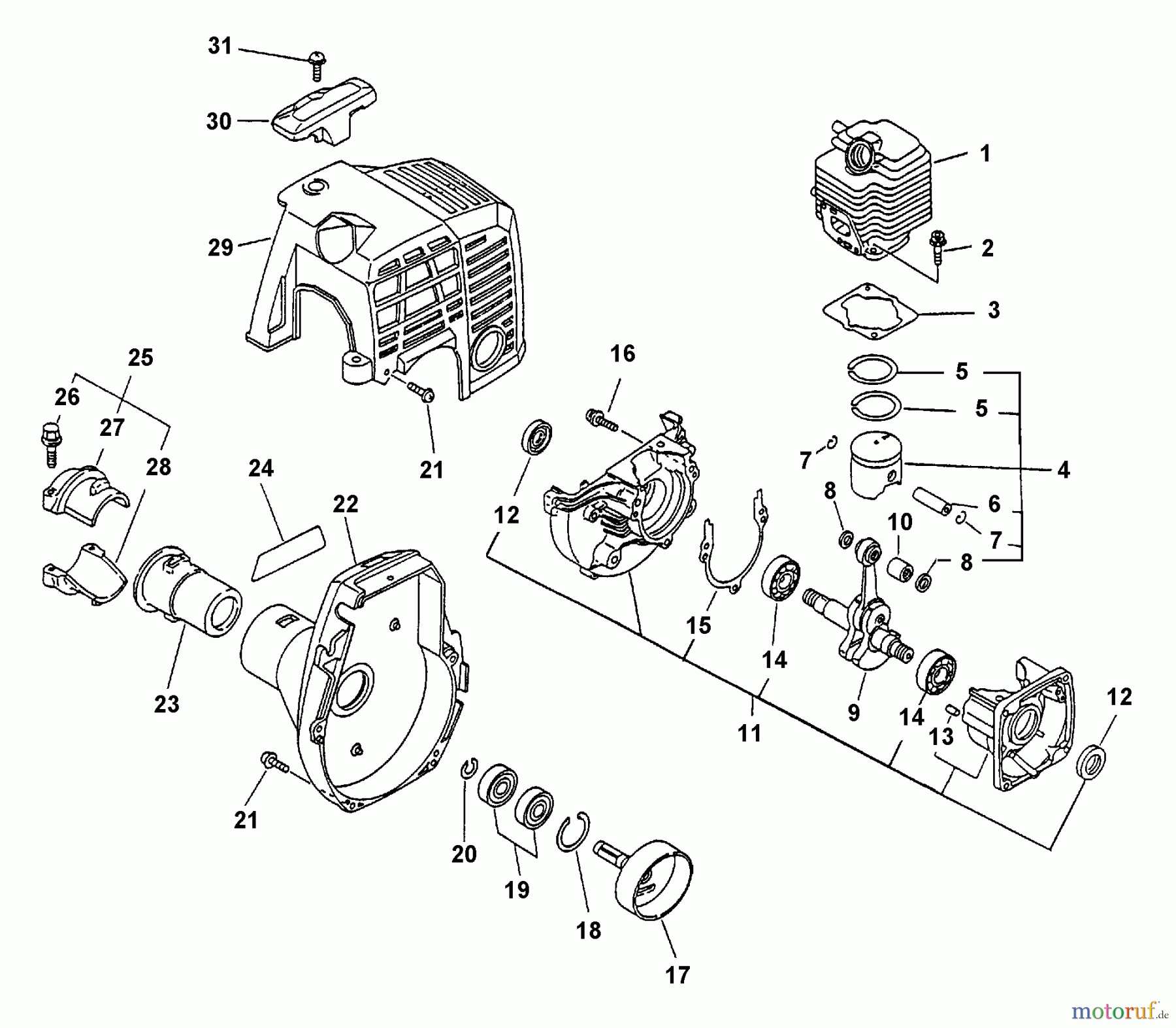  Echo Trimmer, Faden / Bürste PAS-2100 - Echo Power Unit, S/N: 001001 & Up (Type 1E) Crankcase, Cover, Engine, Fan Cover