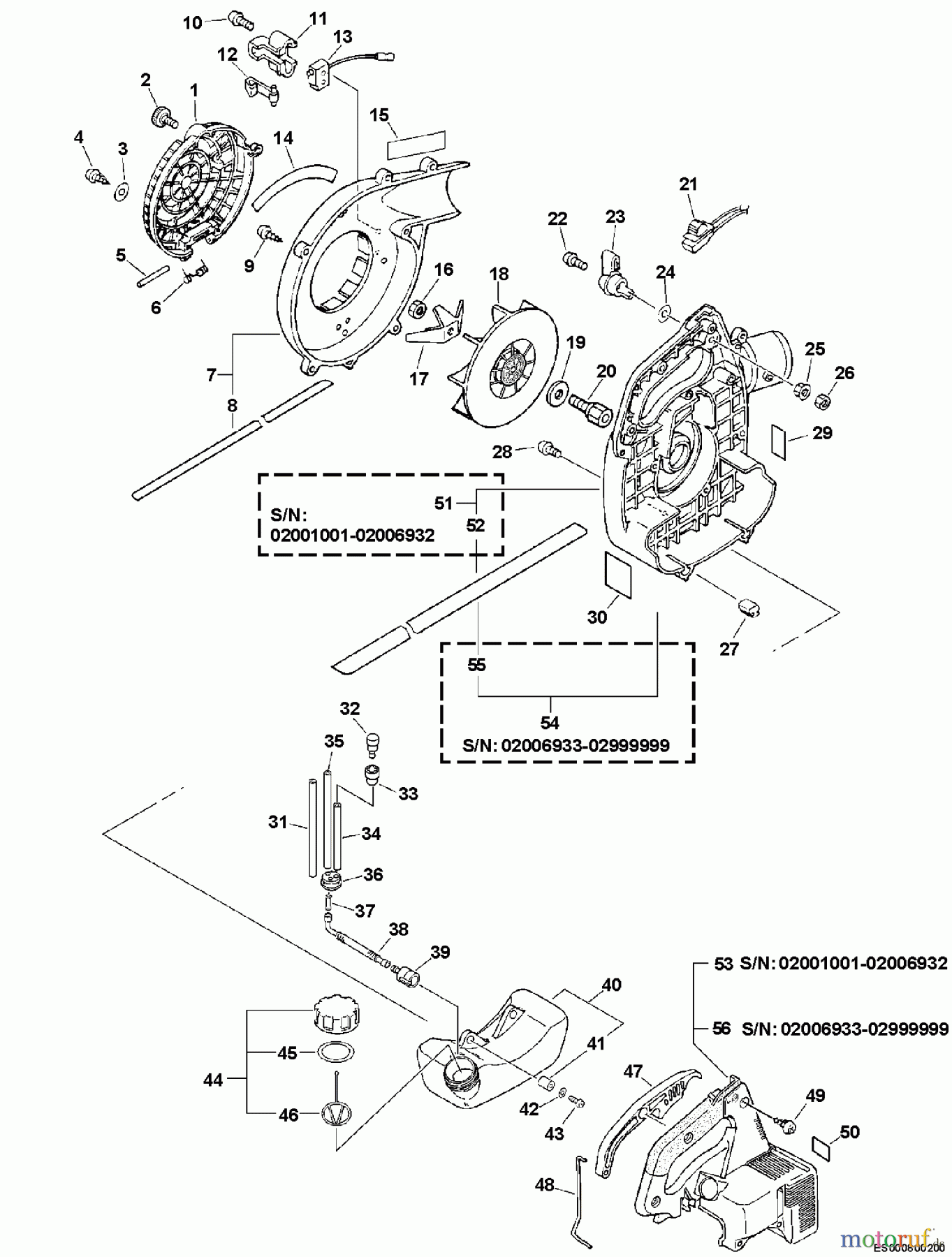  Echo Bläser / Sauger / Häcksler / Mulchgeräte	 ES-211 - Echo Shredder/Vacuum, S/N: 02001001 - 02999999 Fan Case, Engine Cover, Fuel System