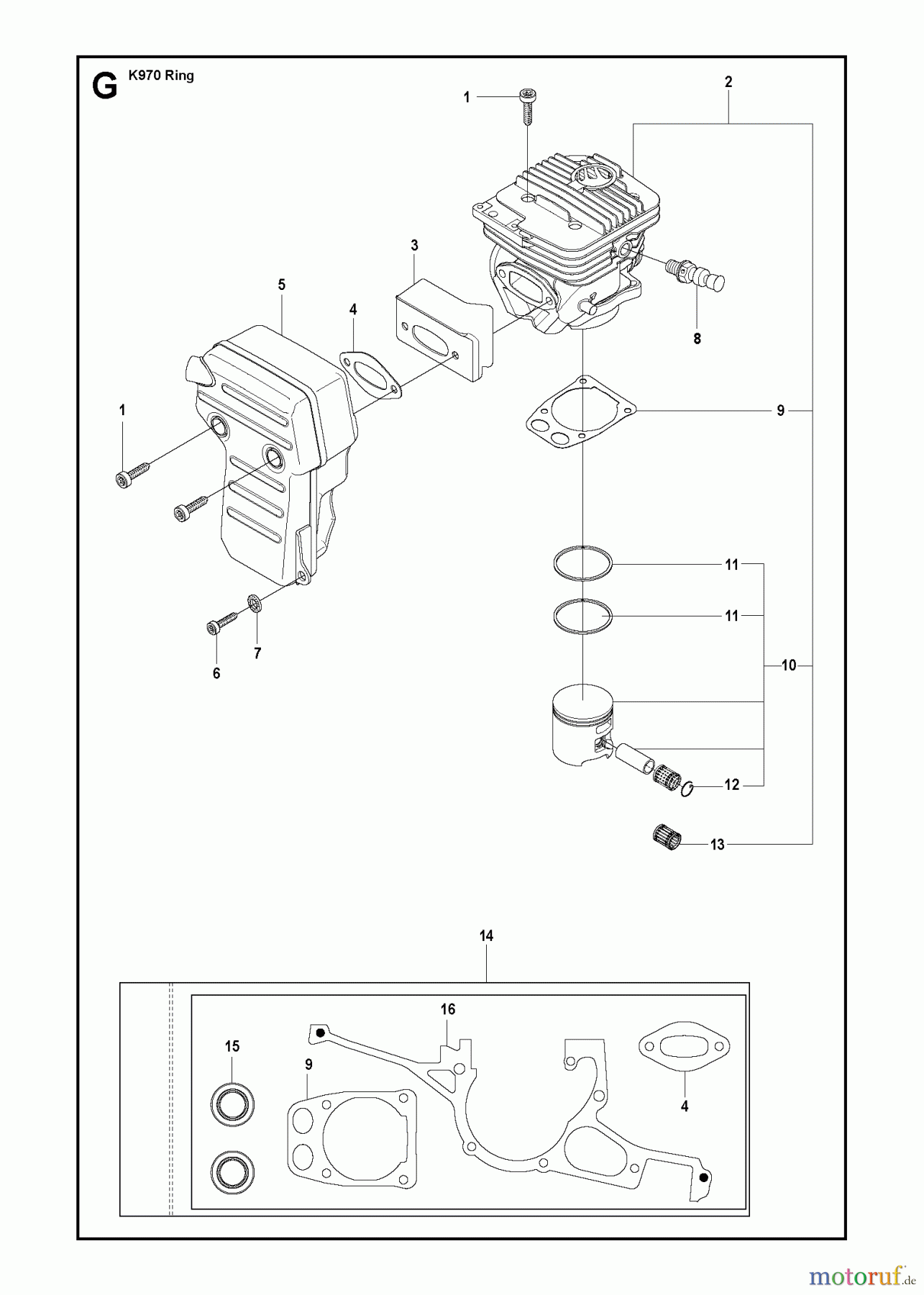  Trennschneider, Cut-Off K970 RING, 2011-12 CYLINDER, PISTON & MUFFLER