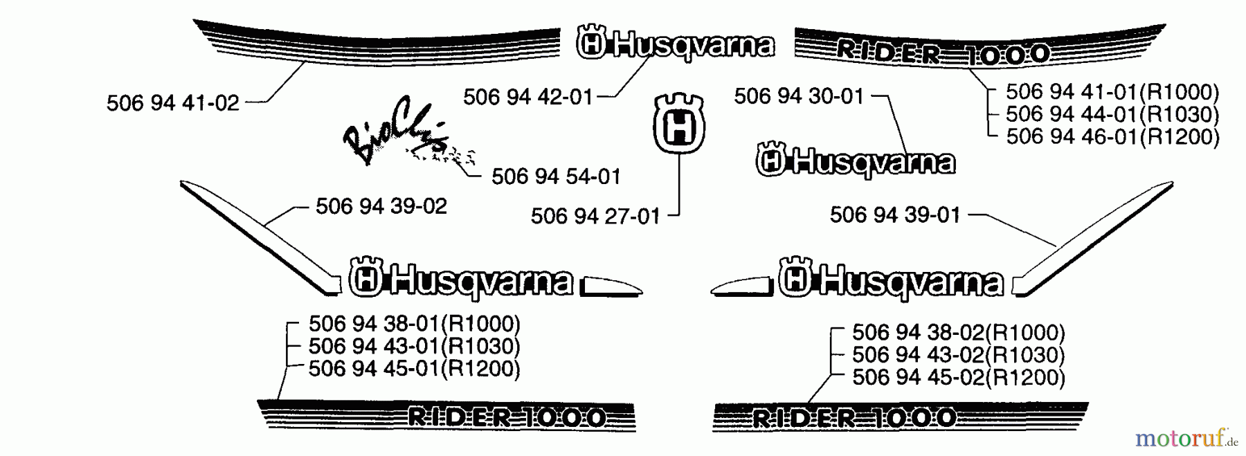  Husqvarna Reitermäher, Motor hinten Rider 1200 - Husqvarna Rear-Engine Rider (1996-08 to 1997-12) Decals