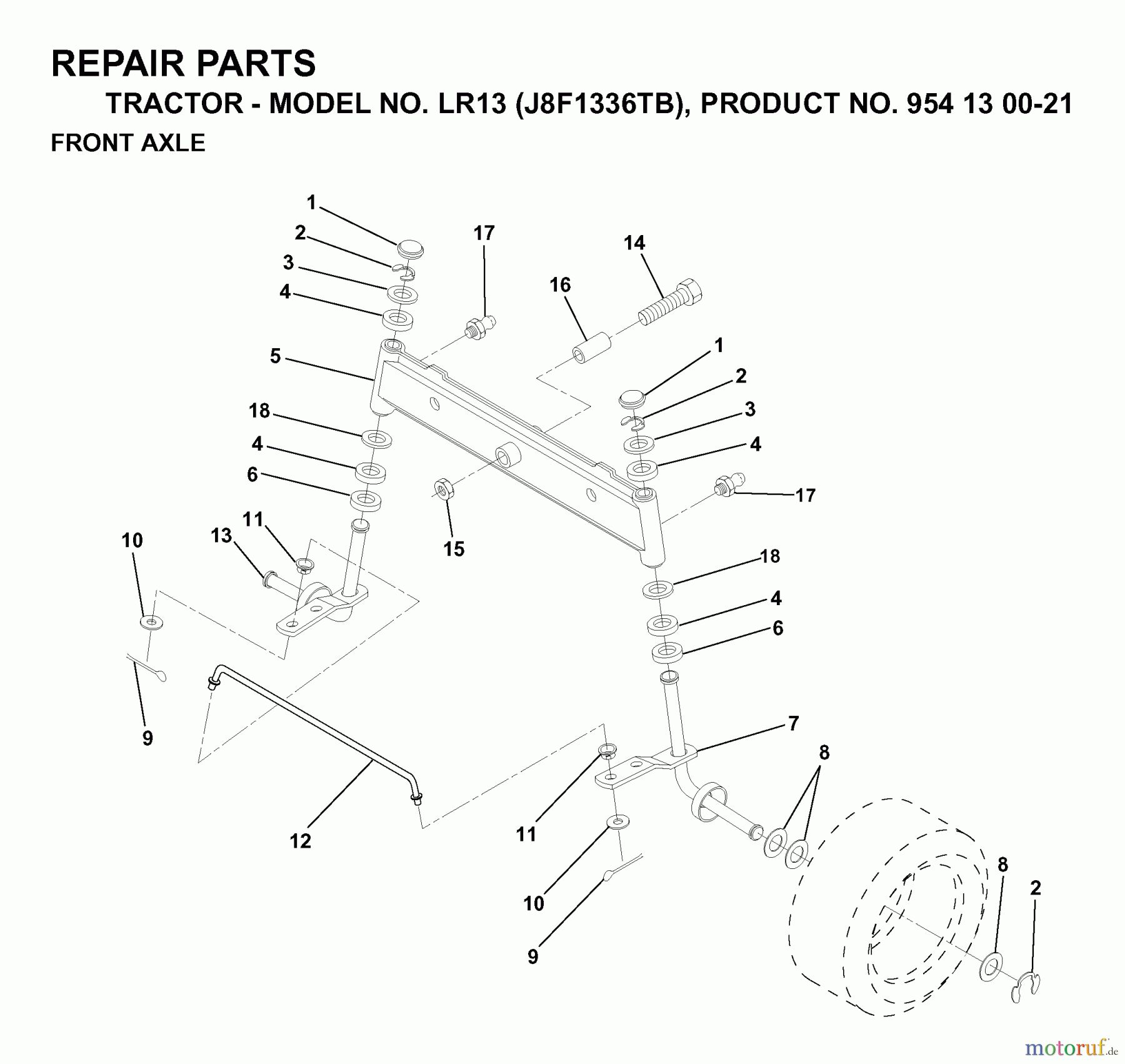  Jonsered Rasen  und Garten Traktoren LR13 (J8F1336TB, 954130021) - Jonsered Lawn & Garden Tractor (1998-12) FRONT AXEL