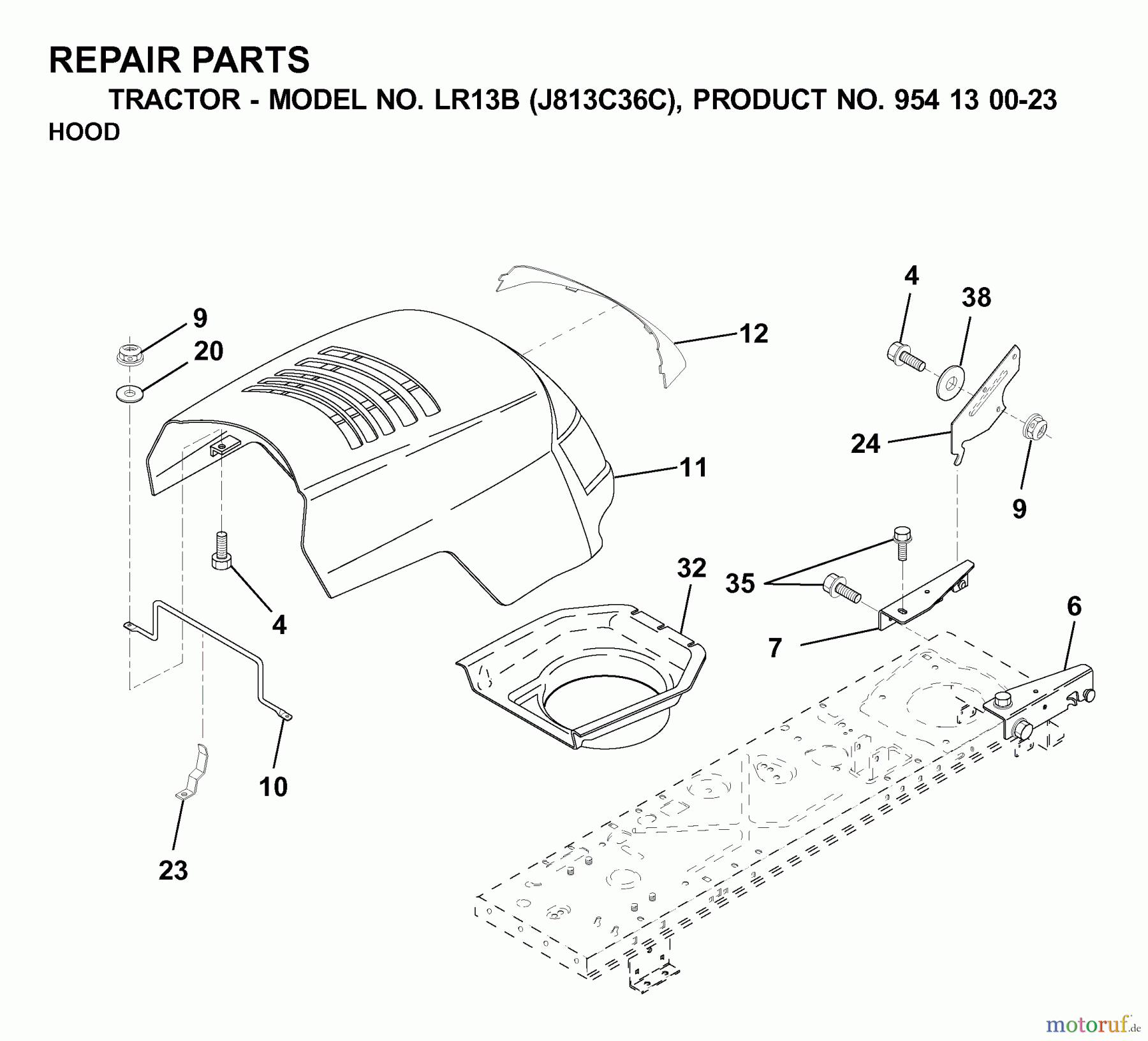 Jonsered Rasen  und Garten Traktoren LR13B (J813C36C, 954130023) - Jonsered Lawn & Garden Tractor (2000-03) HOOD