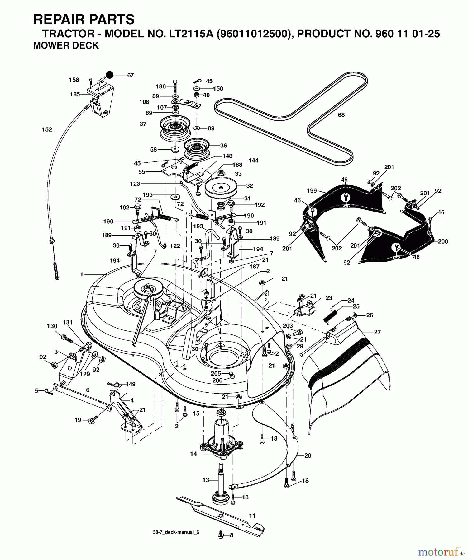  Jonsered Rasen  und Garten Traktoren LT2115 A (96011012500) - Jonsered Lawn & Garden Tractor (2006-01) MOWER DECK / CUTTING DECK