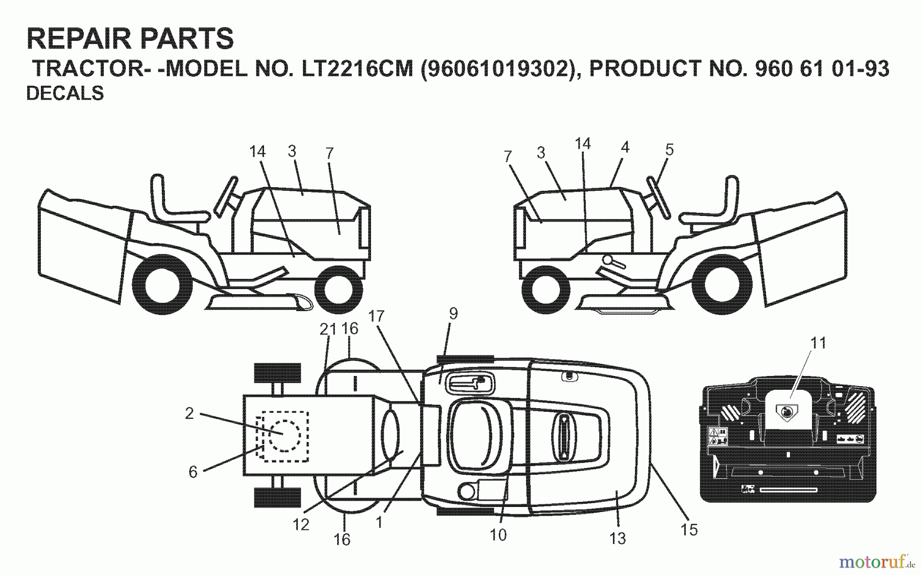  Jonsered Rasen  und Garten Traktoren LT2216 CM (96061019302) - Jonsered Lawn & Garden Tractor (2007-11) DECALS
