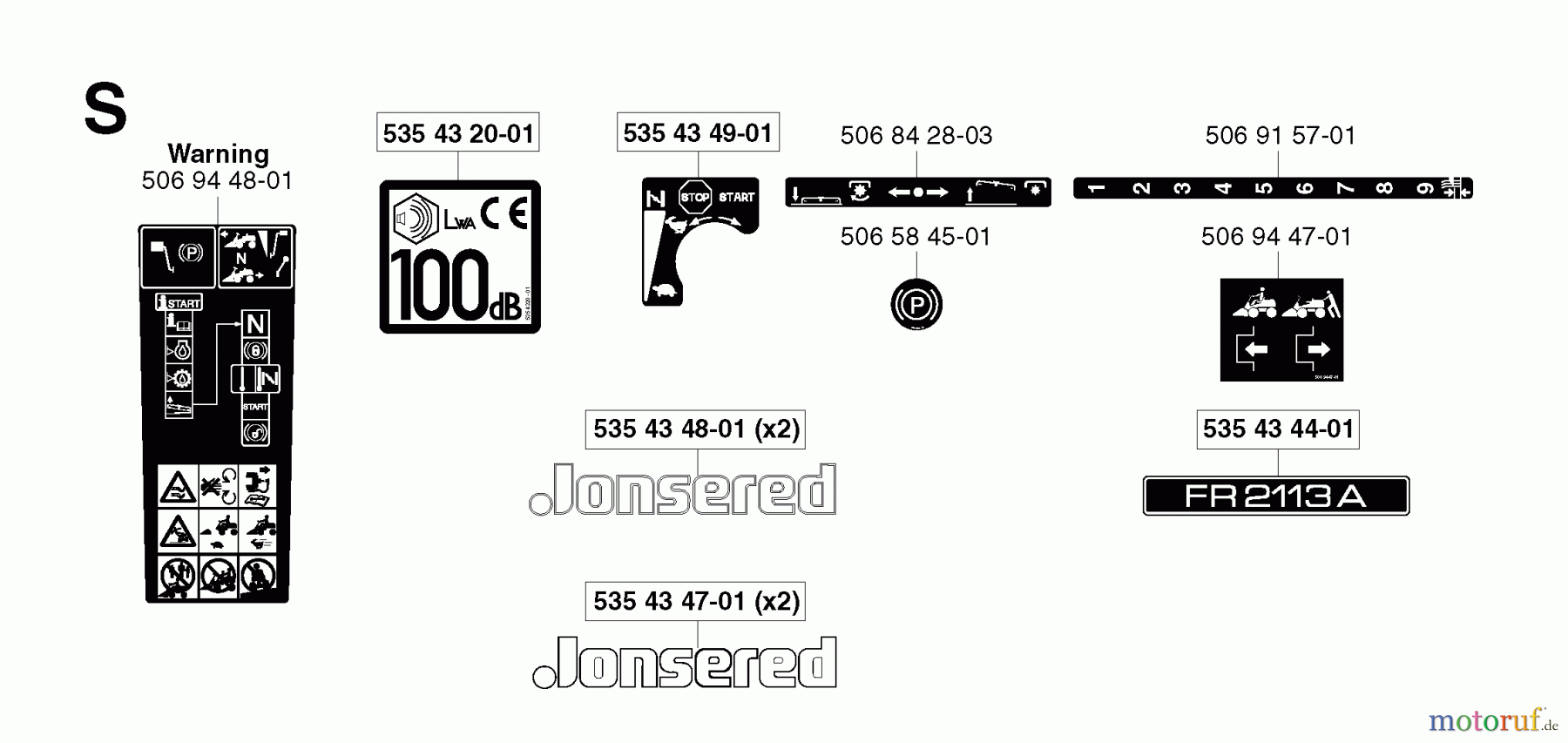  Jonsered Reitermäher FR2113 A - Jonsered Rear-Engine Riding Mower (2002-03) DECALS