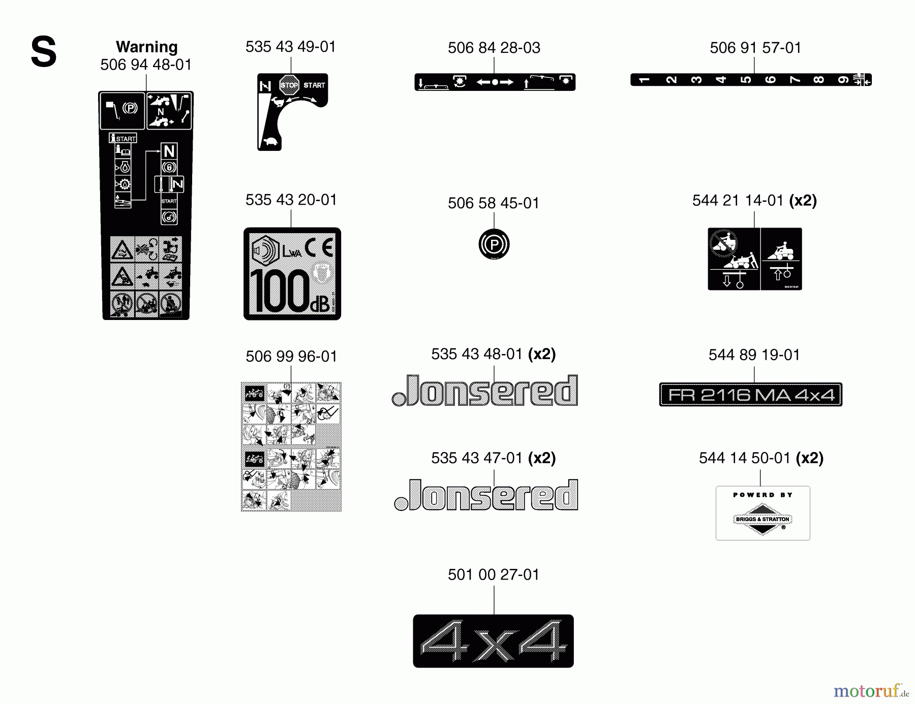  Jonsered Reitermäher FR2116 MA 4x4 (965094901) - Jonsered Rear-Engine Riding Mower (2007-01) DECALS