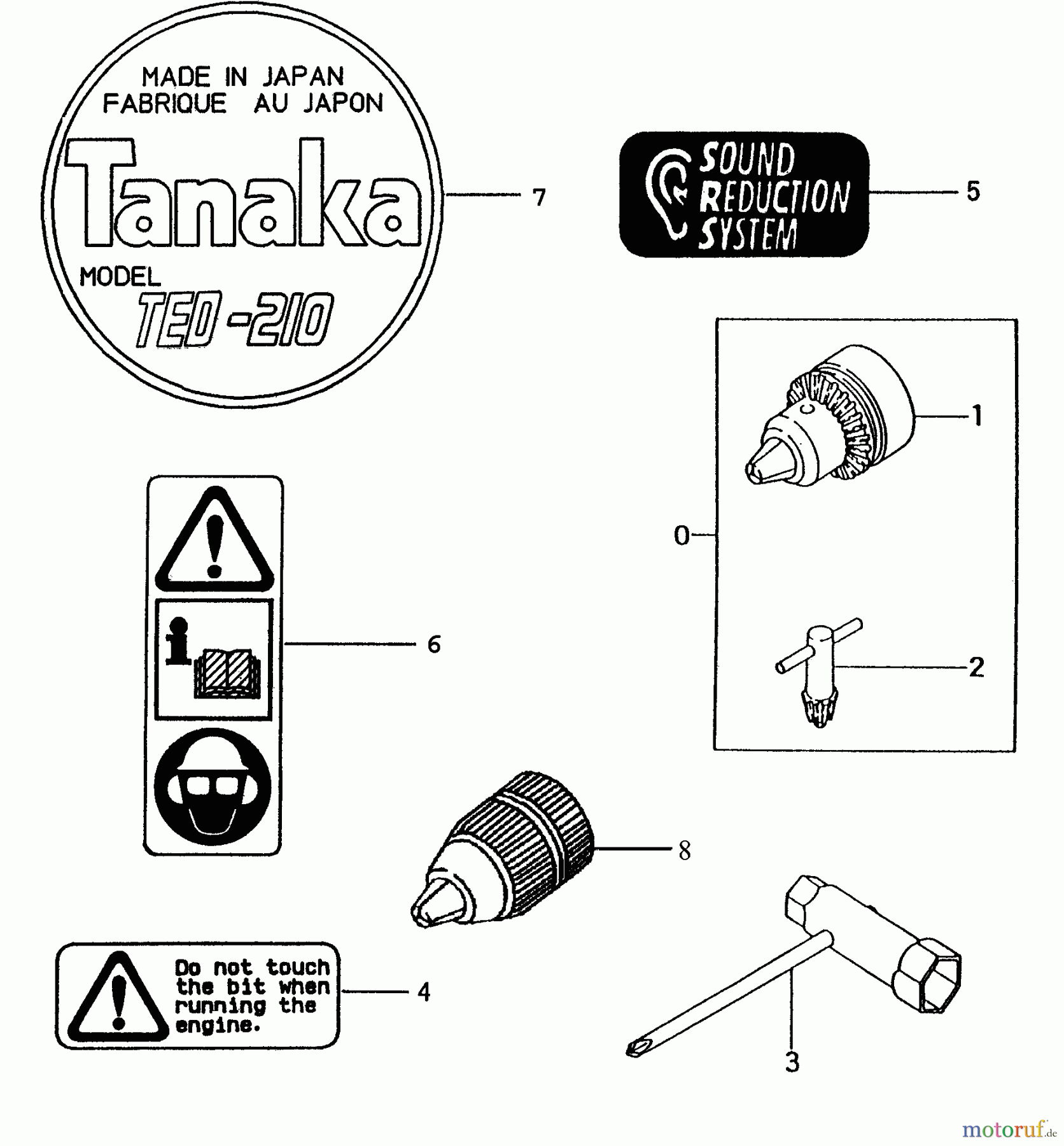  Tanaka Erdbohrer TED-210C - Tanaka Gas Drill (SN: U205952 - U268935) Chuck & Key, Wrench, Decals