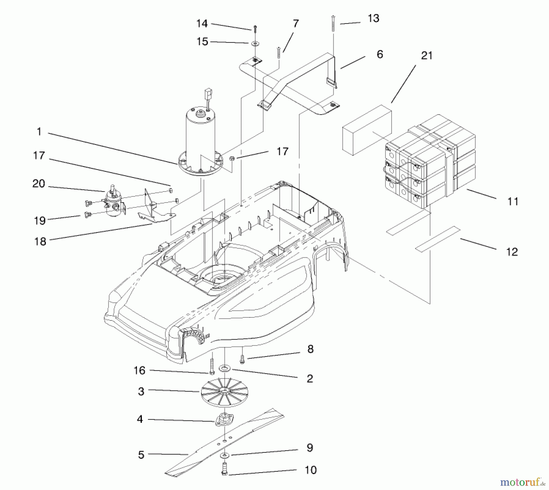  Toro Neu Mowers, Electric 20650 - Toro Carefree Recycler Electric Mower, E36, 1999 (99000001-99999999) MOTOR, BATTERIES AND BLADE ASSEMBLY