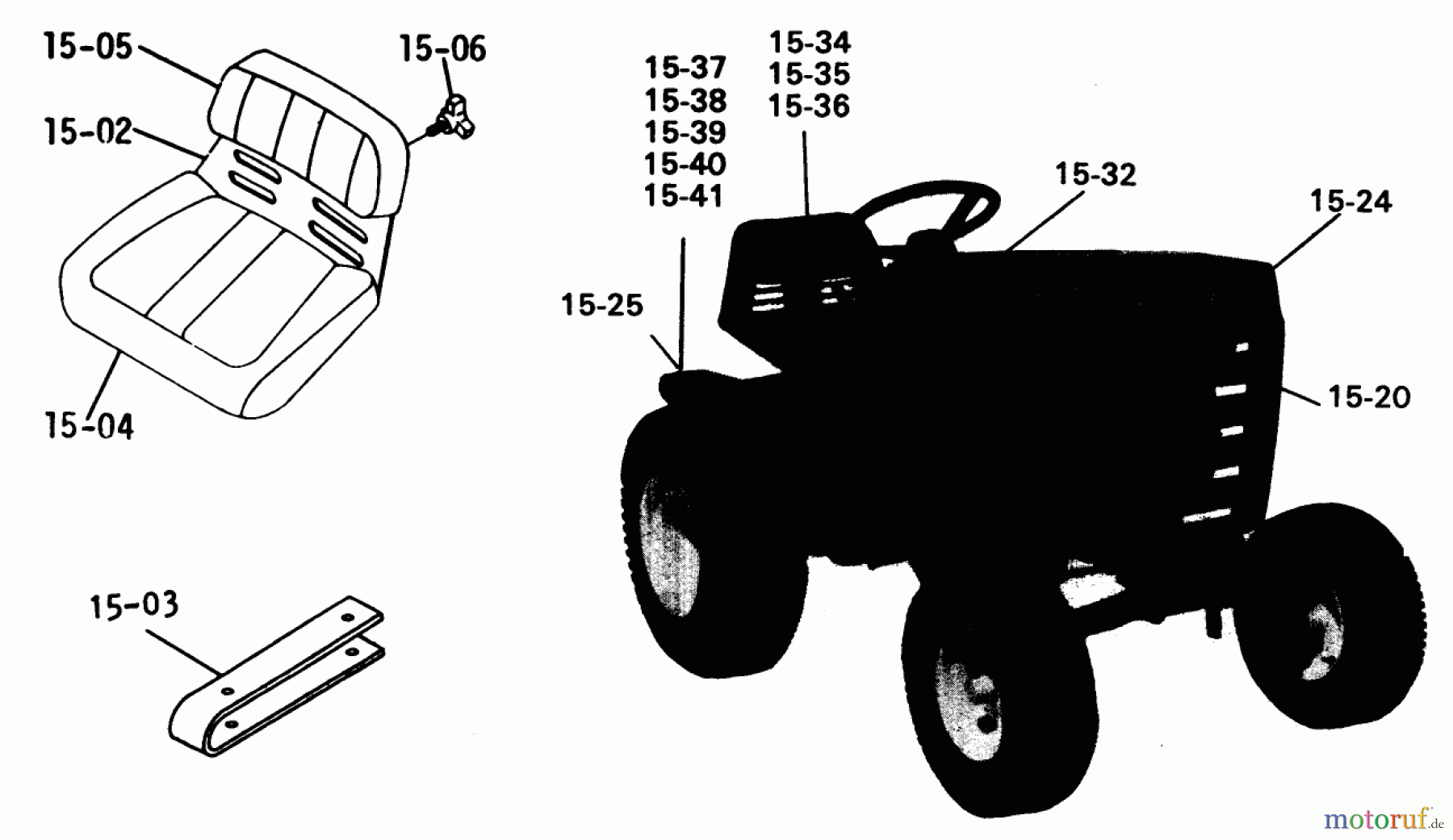  Toro Neu Mowers, Lawn & Garden Tractor Seite 1 1-0375 (C-120) - Toro C-120 8-Speed Tractor, 1975 15.000 SEATS, DECALS MISC. TRIM (FIG. 15)
