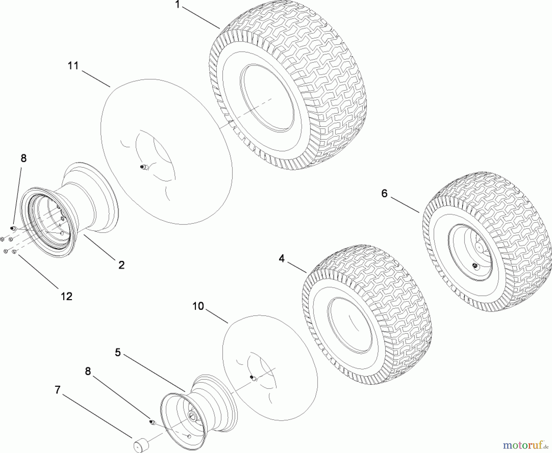 Toro Neu Mowers, Lawn & Garden Tractor Seite 1 13AP62RP544 (SL500) - Toro SL500 Super Lawn Tractor, 2007 (1B157H20701-) FRONT AND REAR WHEEL ASSEMBLY