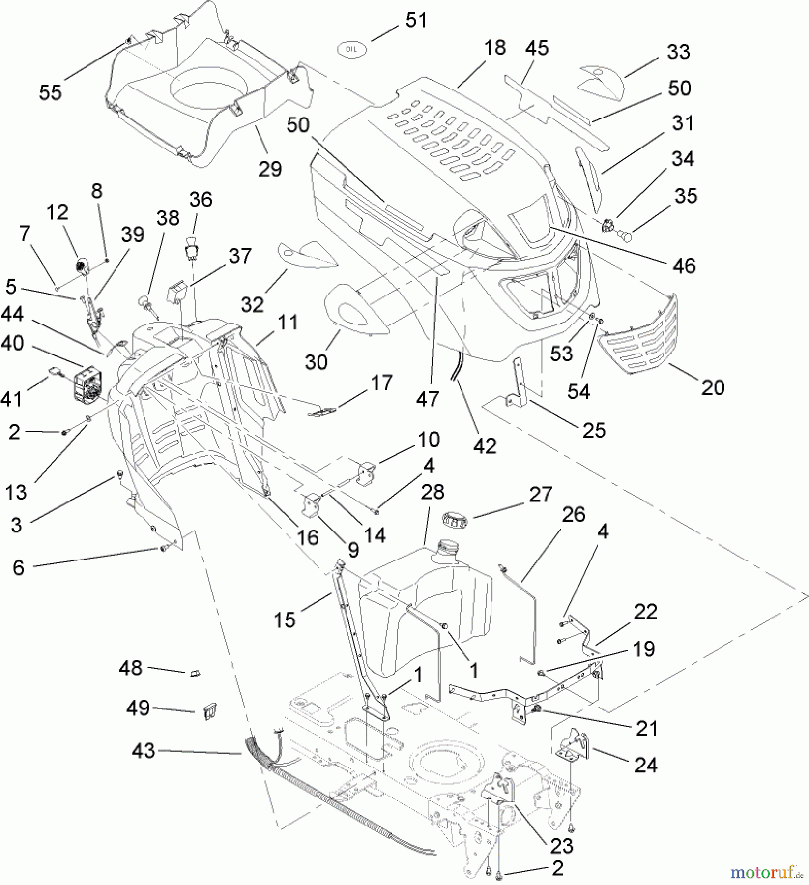  Toro Neu Mowers, Lawn & Garden Tractor Seite 1 13AP62RP544 (SL500) - Toro SL500 Super Lawn Tractor, 2007 (1B157H20701-) FUEL TANK AND HOOD ASSEMBLY