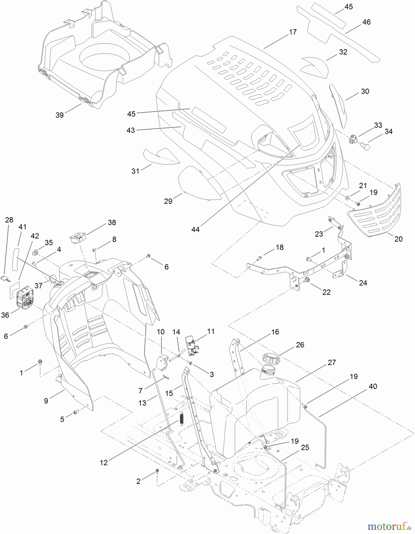  Toro Neu Mowers, Lawn & Garden Tractor Seite 1 13AX90RS848 (LX423) - Toro LX423 Lawn Tractor, 2011 (1-1) FUEL TANK, HOOD AND DASH ASSEMBLY