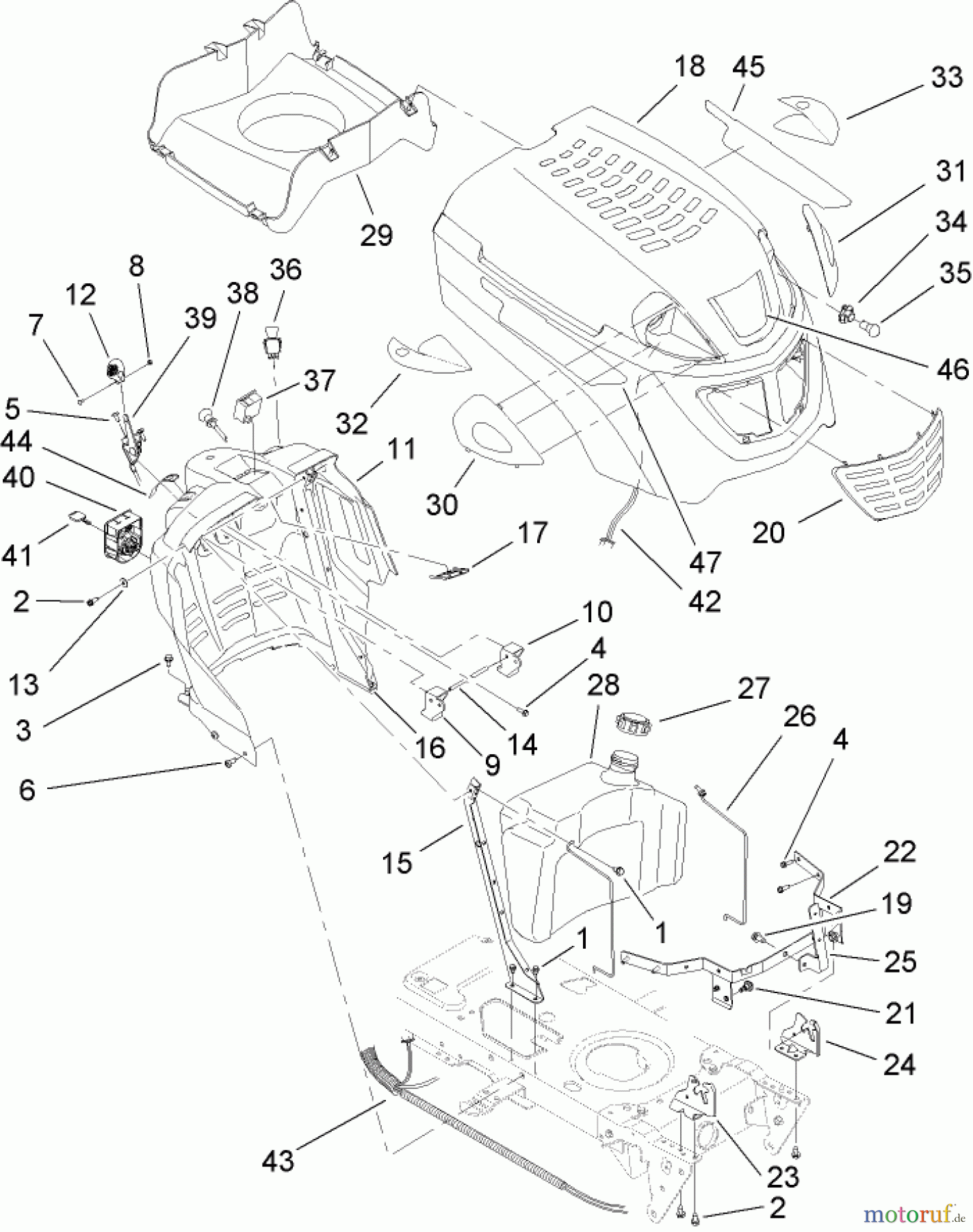 Toro Neu Mowers, Lawn & Garden Tractor Seite 1 14AK81RK544 (GT2300) - Toro GT2300 Garden Tractor, 2006 (1A186H30000-) FUEL TANK AND HOOD ASSEMBLY