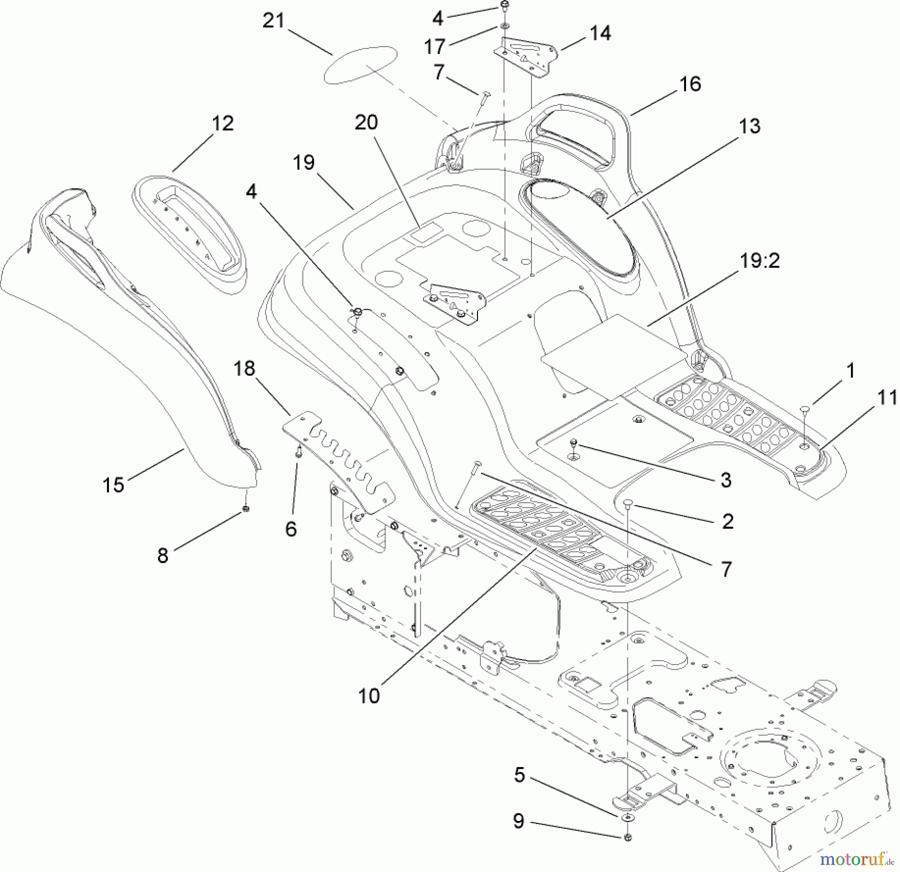  Toro Neu Mowers, Lawn & Garden Tractor Seite 1 14AQ81RP748 (GT2200) - Toro GT2200 Garden Tractor, 2007 (1B087H30130-) FENDER ASSEMBLY