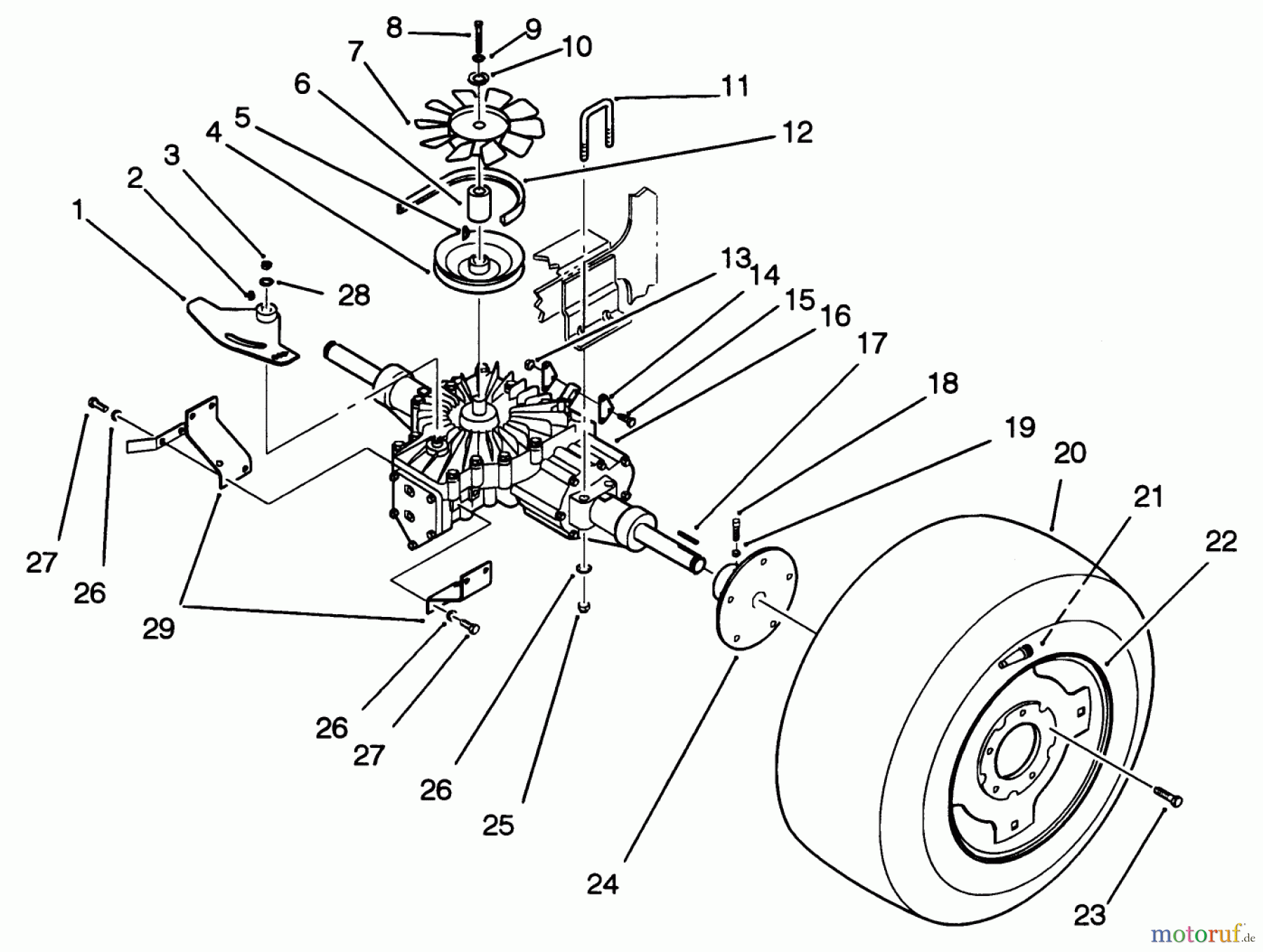  Toro Neu Mowers, Lawn & Garden Tractor Seite 1 22-14OE02 (244-H) - Toro 244-H Yard Tractor, 1992 (2000001-2999999) REAR WHEEL AND TRANSMISSION ASSEMBLY