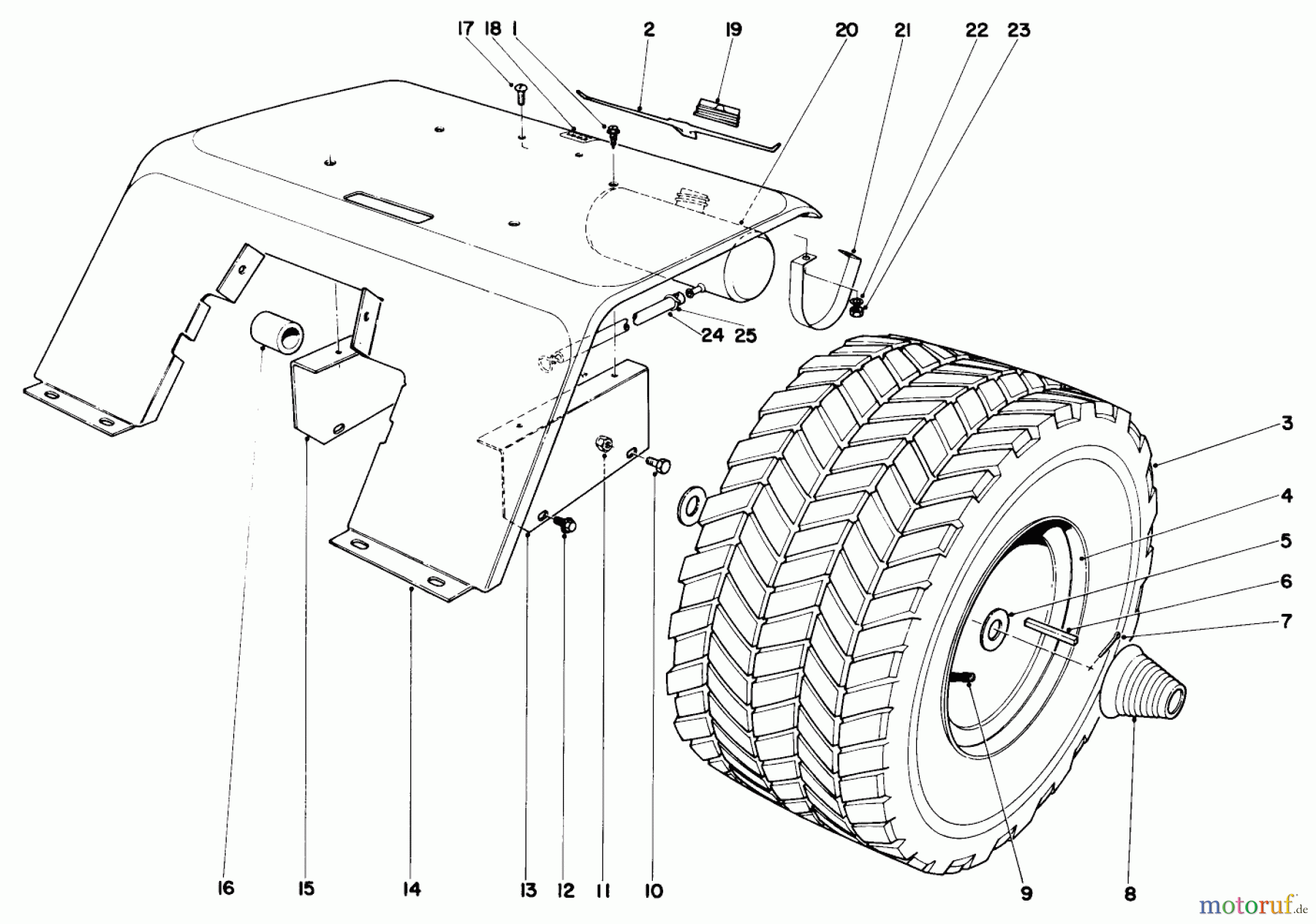  Toro Neu Mowers, Lawn & Garden Tractor Seite 1 55150 (940) - Toro 940 Electric Tractor, 1969 (9000001-9999999) 940 REAR TIRE AND FENDER ASSEMBLY