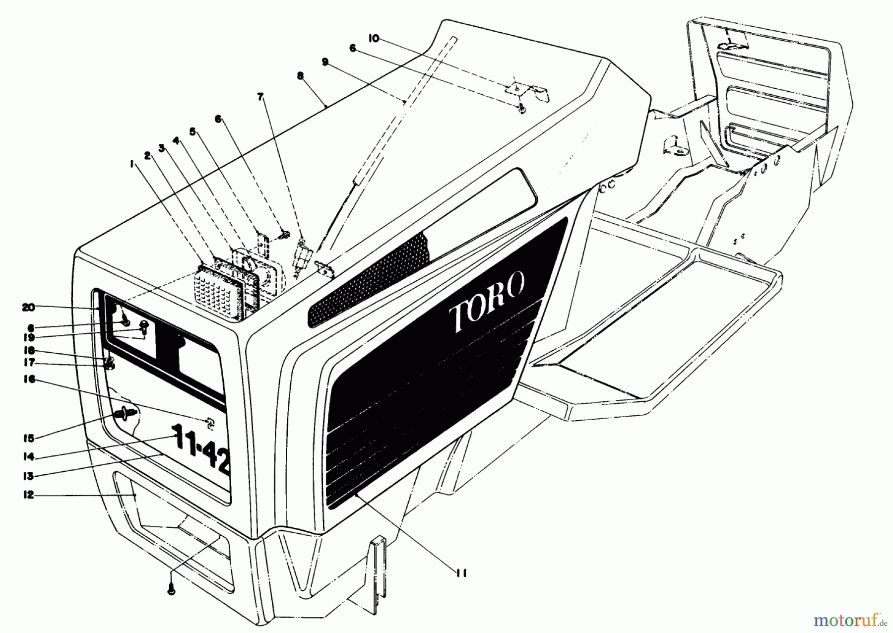 Toro Neu Mowers, Lawn & Garden Tractor Seite 1 57356 (11-42) - Toro 11-42 Lawn Tractor, 1978 (8000001-8999999) HOOD ASSEMBLY