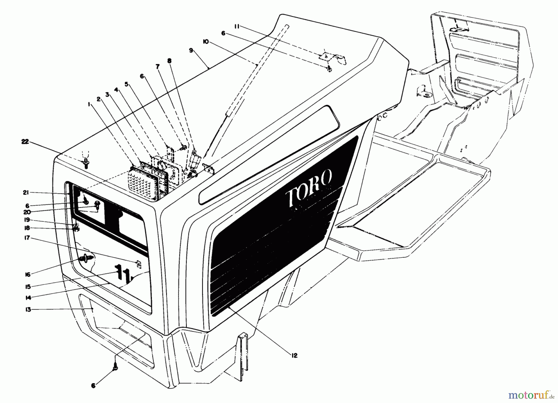  Toro Neu Mowers, Lawn & Garden Tractor Seite 1 57360 (11-32) - Toro 11-32 Lawn Tractor, 1986 (6000001-6999999) HOOD ASSEMBLY