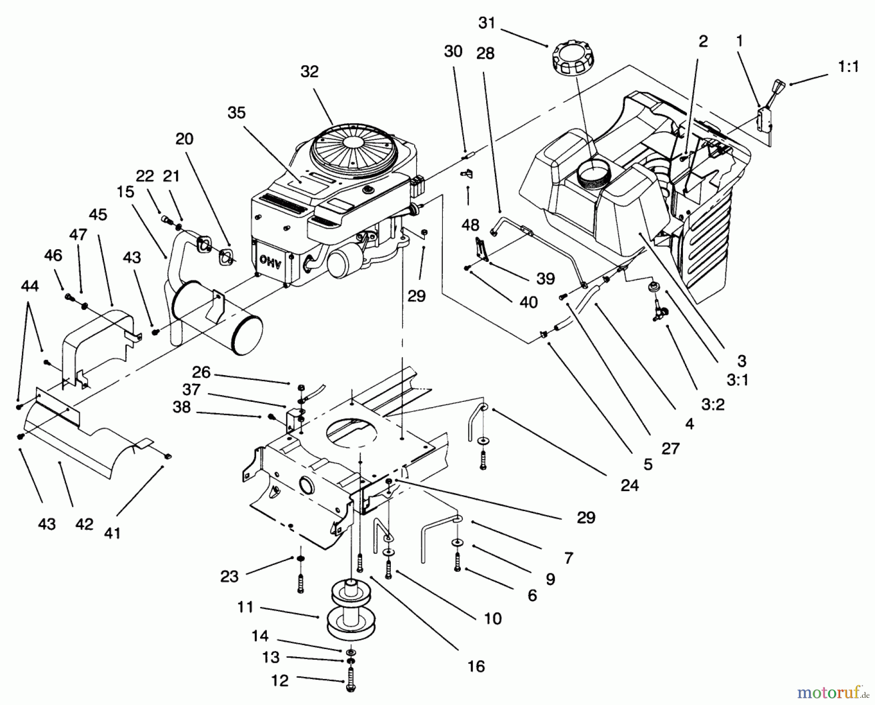  Toro Neu Mowers, Lawn & Garden Tractor Seite 1 71193 (14-38HXL) - Toro 14-38HXL Lawn Tractor, 1996 (6900001-6999999) ENGINE SYSTEM COMPONENTS ASSEMBLY
