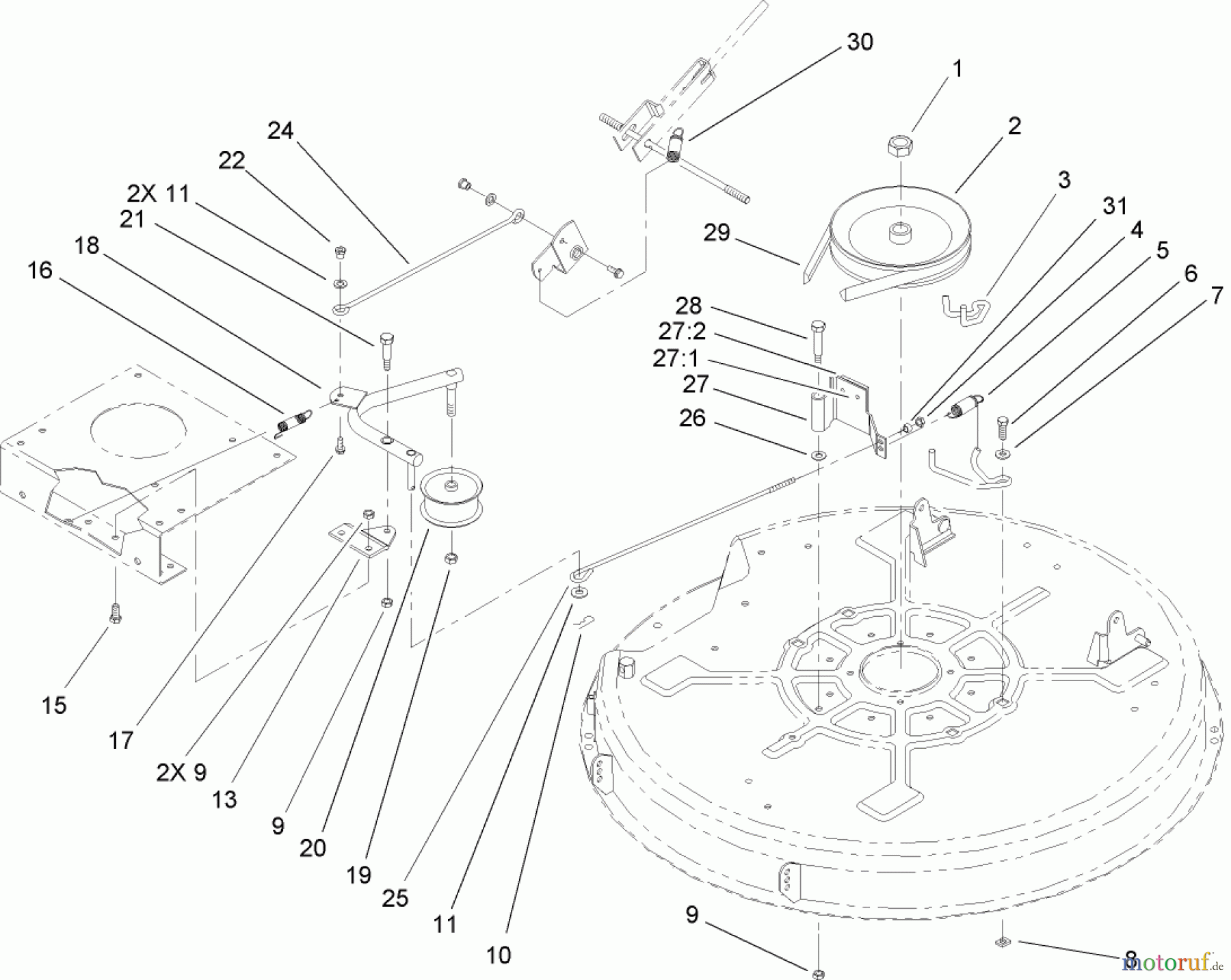 Toro Neu Mowers, Lawn & Garden Tractor Seite 1 71209 (XL 320) - Toro XL 320 Lawn Tractor, 2005 (250005001-250999999) 32 INCH DECK BLADE DRIVE AND BRAKE ASSEMBLY