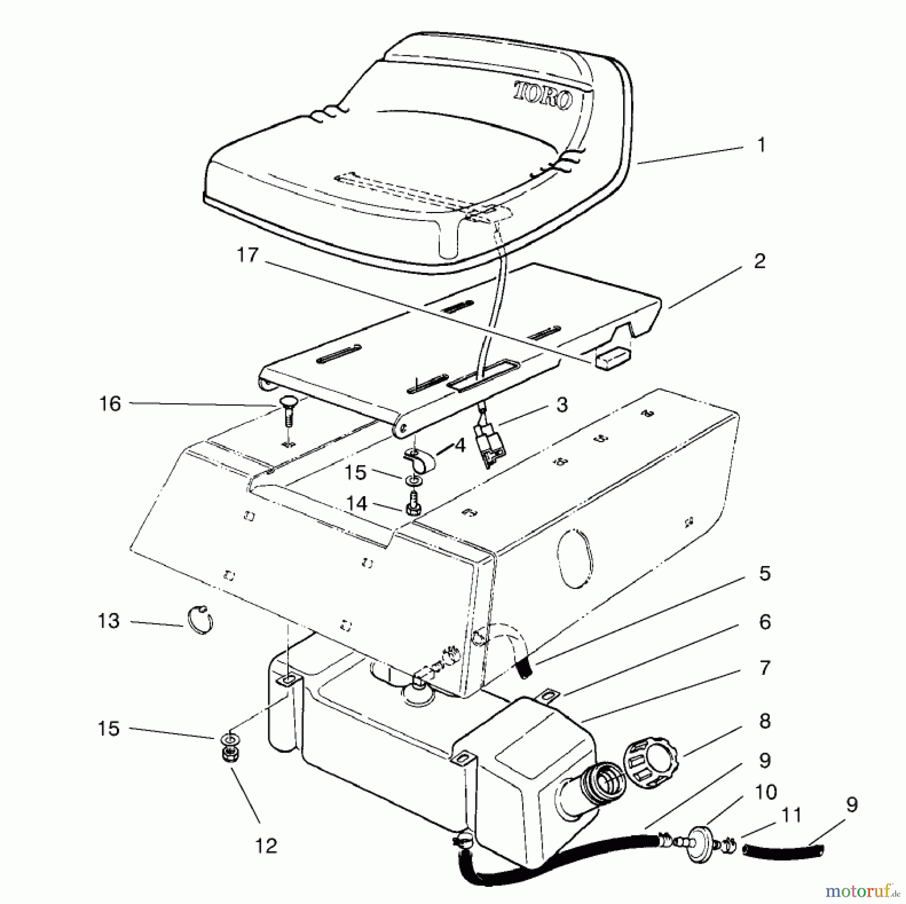  Toro Neu Mowers, Rear-Engine Rider 70060 (8-25) - Toro 8-25 Rear Engine Rider, 1998 (89000001-89999999) SEAT & GAS TANK ASSEMBLY