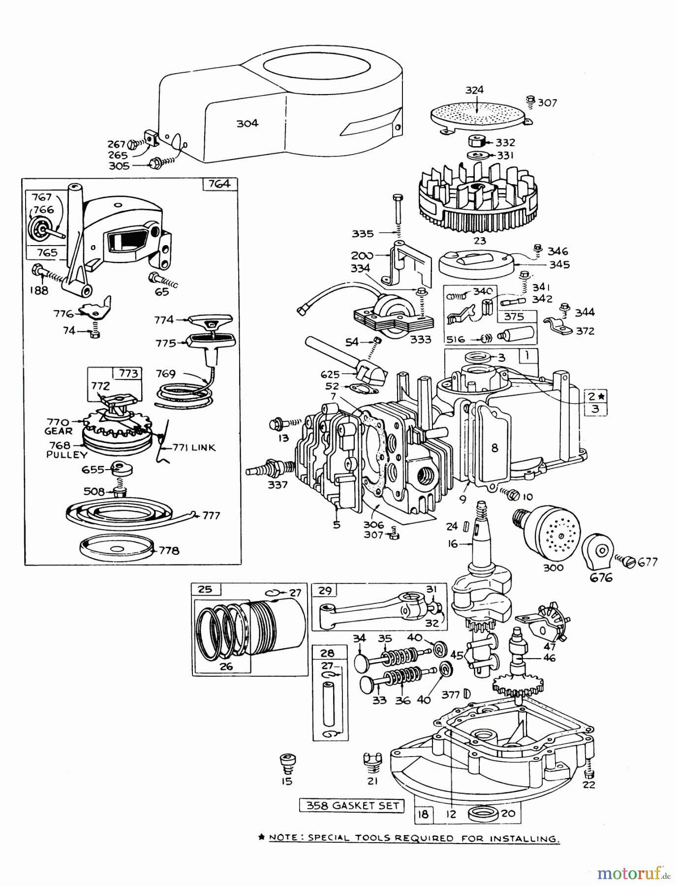  Toro Neu Mowers, Walk-Behind Seite 1 16009 - Toro Whirlwind II Lawnmower, 1977 (7000001-7999999) ENGINE BRIGGS & STRATTON MODEL 92508-0954-01 FOR 19