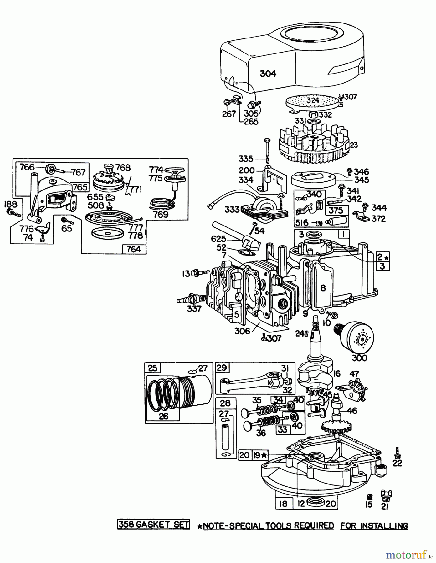  Toro Neu Mowers, Walk-Behind Seite 1 16009 - Toro Whirlwind II Lawnmower, 1977 (7000001-7999999) ENGINE BRIGGS & STRATTON MODEL 92908-1743-01 FOR 21