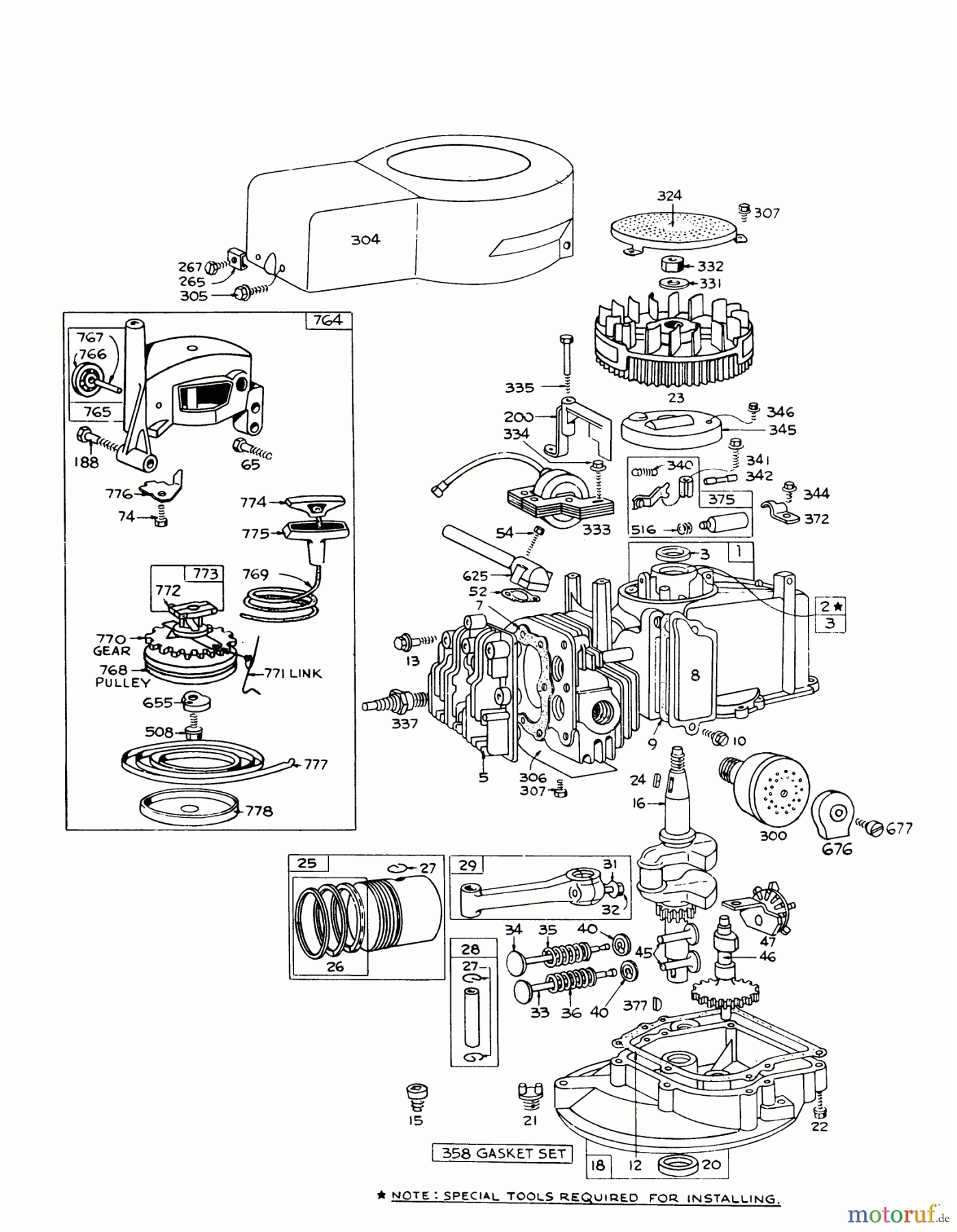  Toro Neu Mowers, Walk-Behind Seite 1 16155 - Toro Whirlwind II Lawnmower, 1977 (7000001-7999999) ENGINE BRIGGS & STRATTON MODEL 92508-0951-01 FOR 19