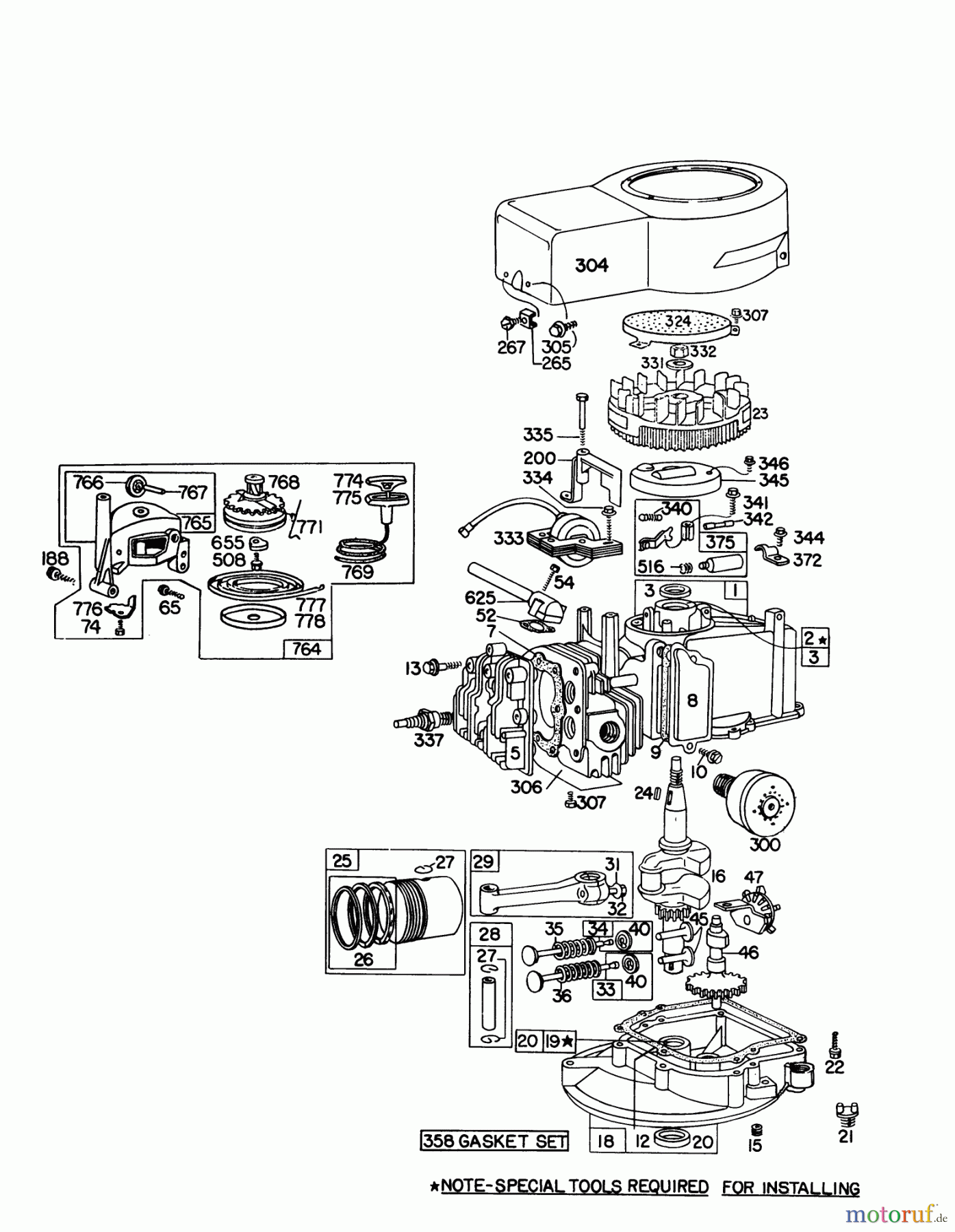  Toro Neu Mowers, Walk-Behind Seite 1 16155 - Toro Whirlwind II Lawnmower, 1977 (7000001-7999999) ENGINE BRIGGS & STRATTON MODEL 92908-1735-01 FOR 21