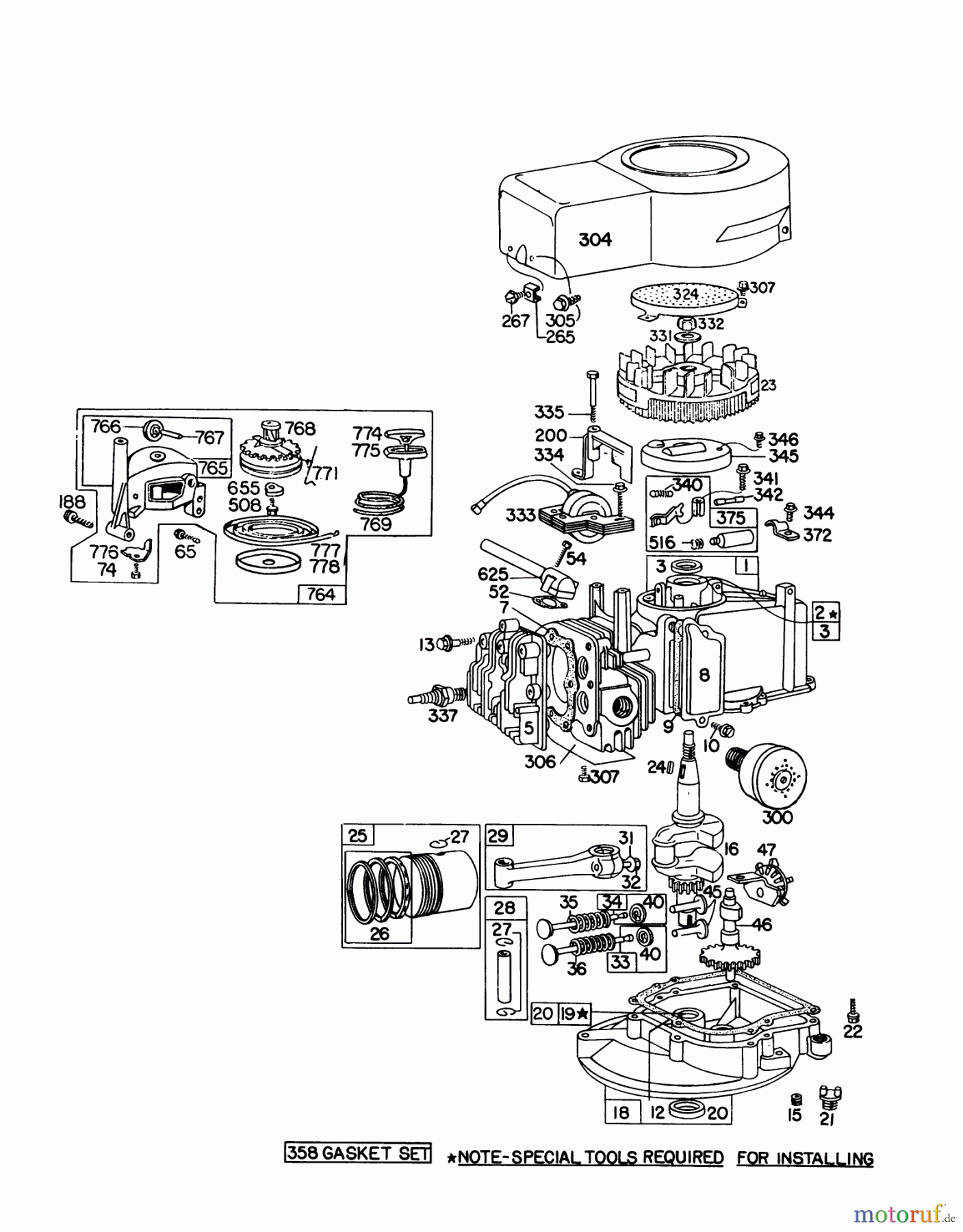  Toro Neu Mowers, Walk-Behind Seite 1 16287 - Toro Whirlwind II Lawnmower, 1977 (7000001-7999999) ENGINE BRIGGS & STRATTON MODEL 92908-1736-01 FOR 21