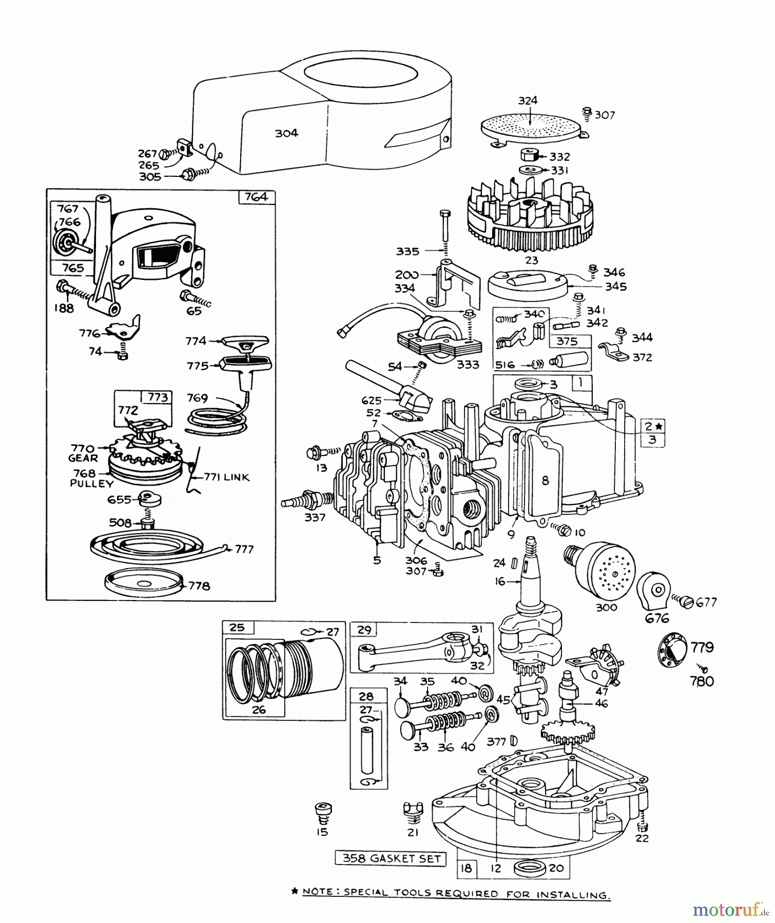  Toro Neu Mowers, Walk-Behind Seite 1 16287 - Toro Whirlwind II Lawnmower, 1978 (8000001-8999999) ENGINE BRIGGS & STRATTON MODEL 92508-0985-01 FOR 19