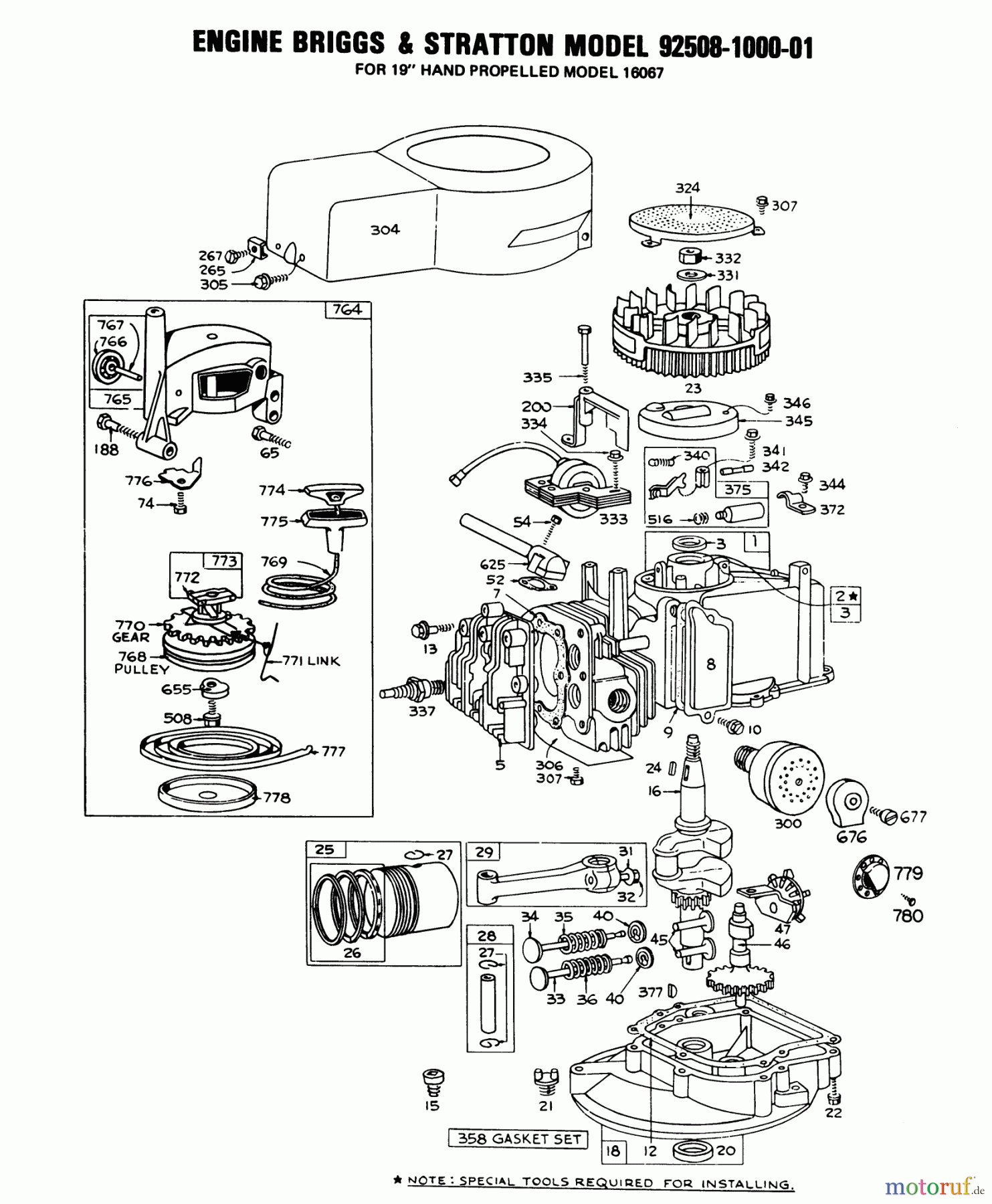 Toro Neu Mowers, Walk-Behind Seite 1 16067 - Toro Whirlwind II Lawnmower, 1978 (8000001-8999999) ENGINE BRIGGS & STRATTON MODEL 92508-1000-01 FOR 19