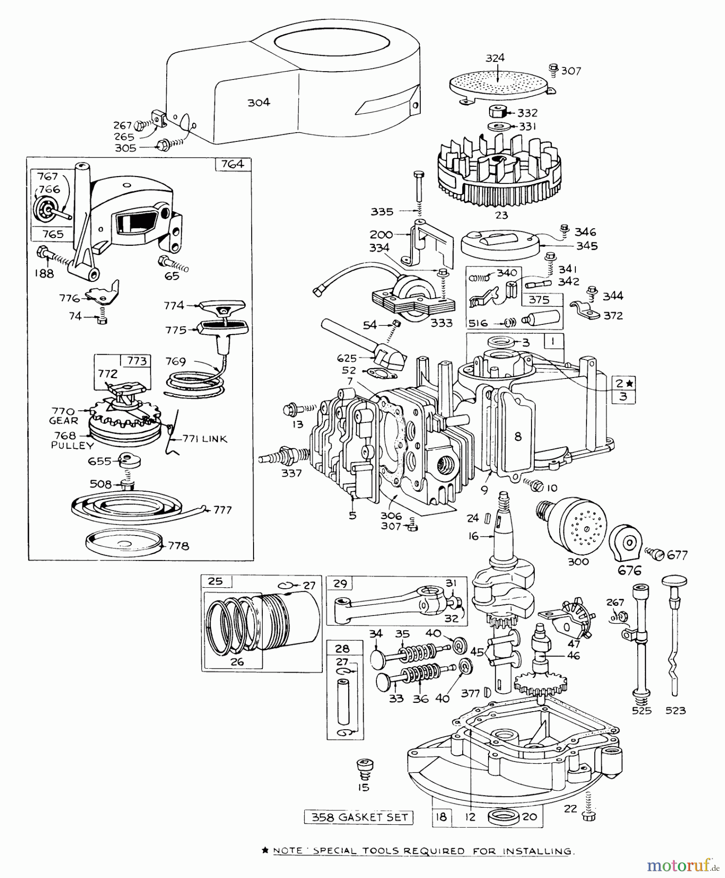  Toro Neu Mowers, Walk-Behind Seite 1 16273 - Toro Whirlwind Lawnmower, 1974 (4000001-4999999) ENGINE BRIGGS & STRATTON MODEL 92908-1456-01 FOR 21