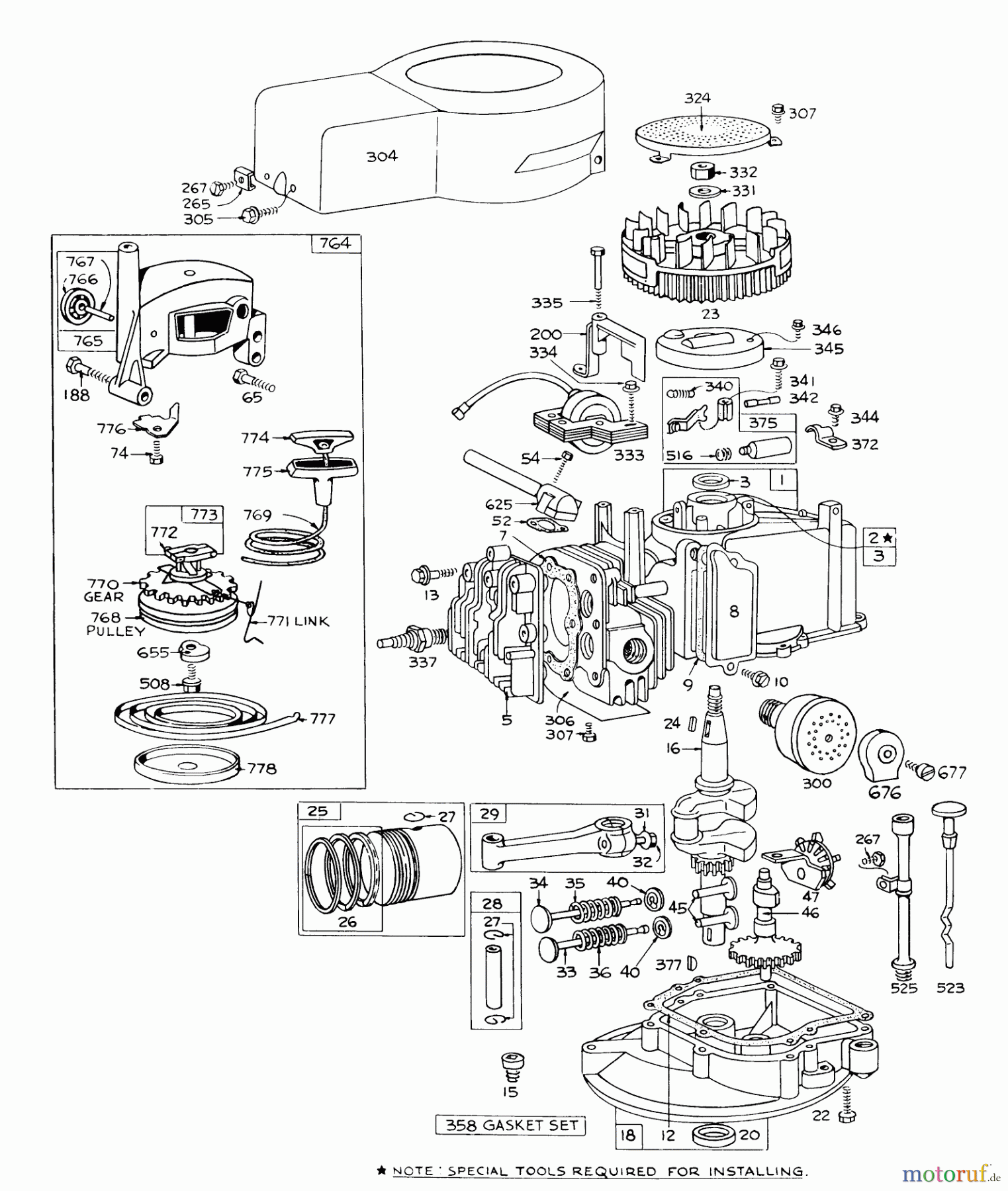  Toro Neu Mowers, Walk-Behind Seite 1 16173 - Toro Whirlwind Lawnmower, 1974 (4000001-4999999) ENGINE BRIGGS & STRATTON-MODEL 92908-1457-01 FOR 21