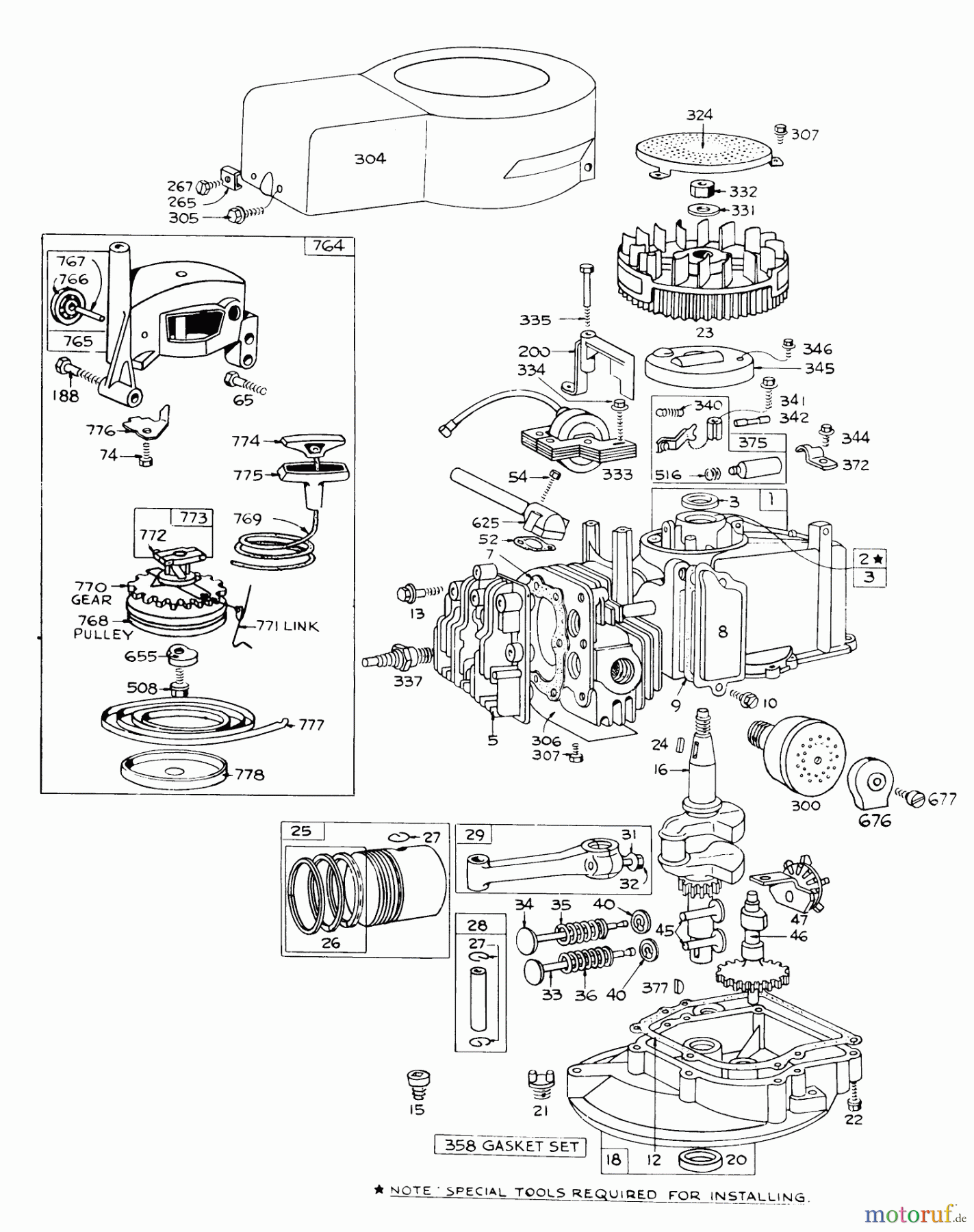  Toro Neu Mowers, Walk-Behind Seite 1 16273 - Toro Whirlwind Lawnmower, 1975 (5000001-5999999) ENGINE BRIGGS & STRATTON 92508-0904-01 FOR 19