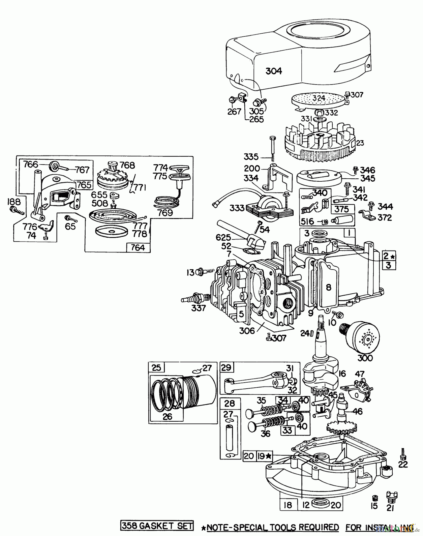  Toro Neu Mowers, Walk-Behind Seite 1 16173 - Toro Whirlwind Lawnmower, 1976 (6000001-6999999) ENGINE BRIGGS & STRATTON MODEL 92908-1635-01